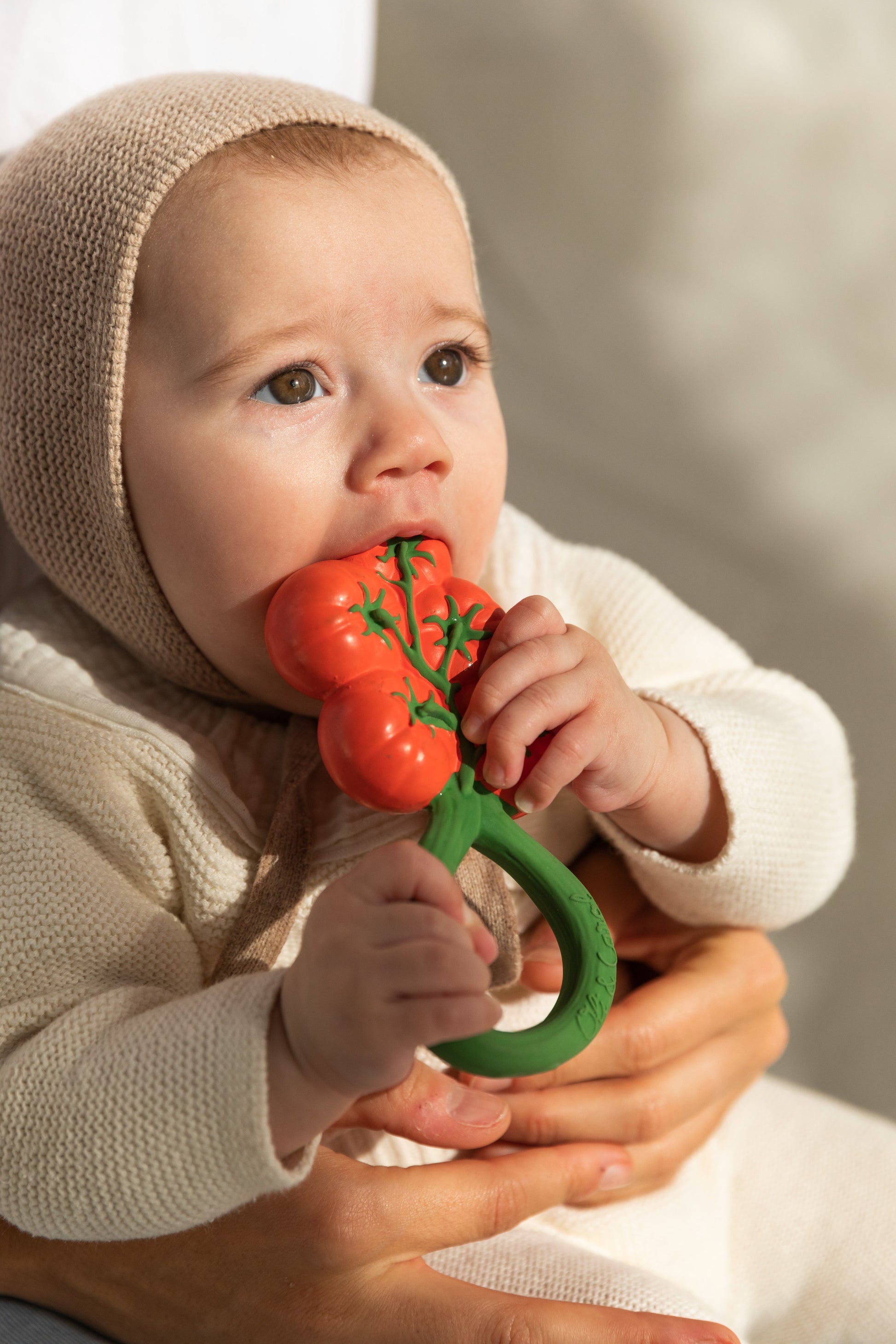 Baby holding a soft and safe baby teether rattle