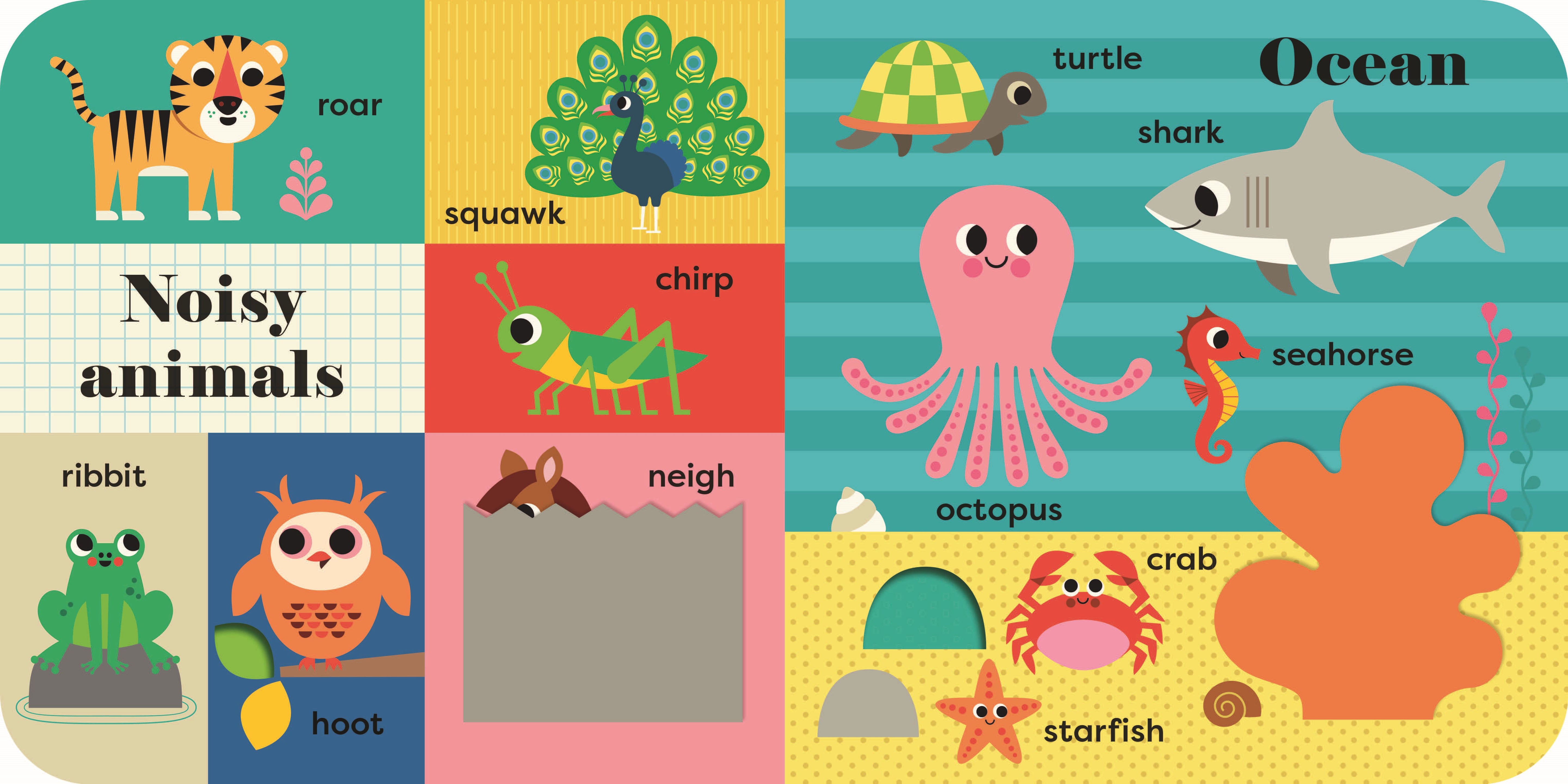 A colorful educational book page showing illustrations of various animals and ocean creatures with their associated sounds.