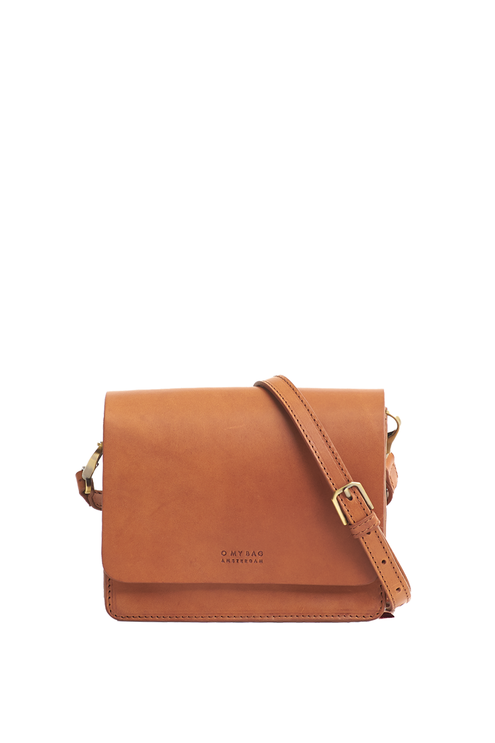 Brown leather crossbody bag on a white background