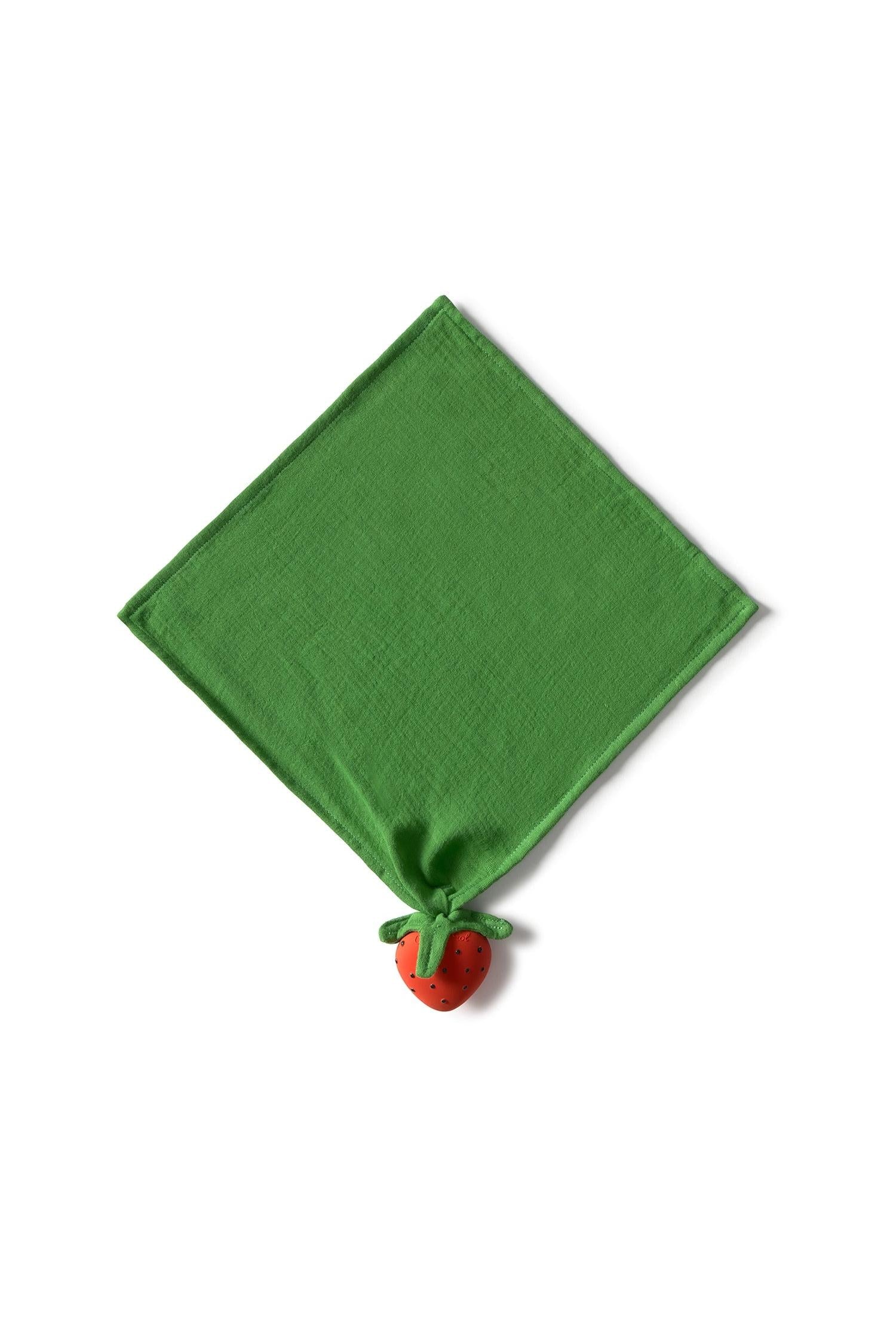Oli & Carol strawberry plush toy for infants, large cuddle size with organic cotton squares and non-toxic rubber fruit detail.