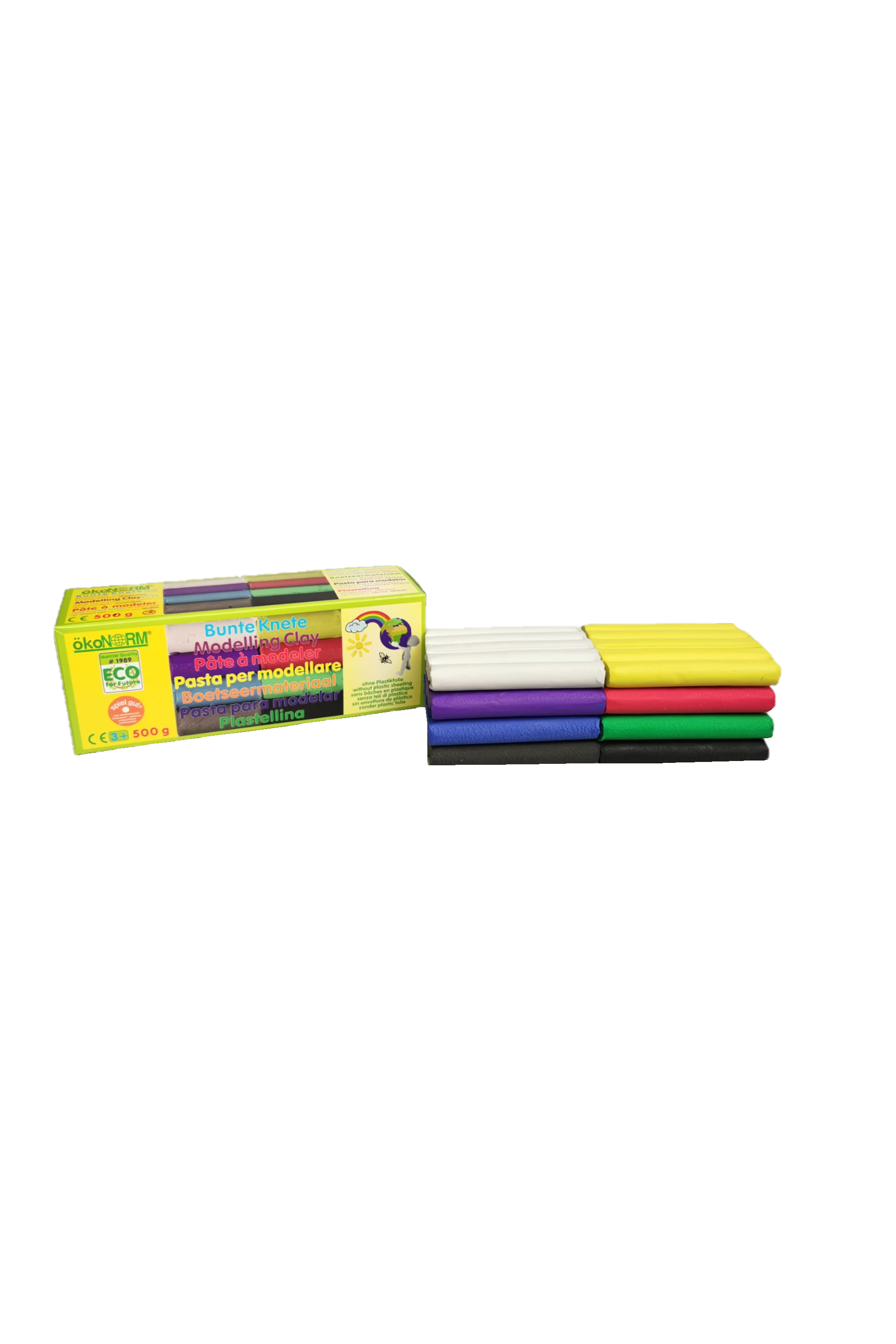 Colorful modelling clay with packaging on a white background