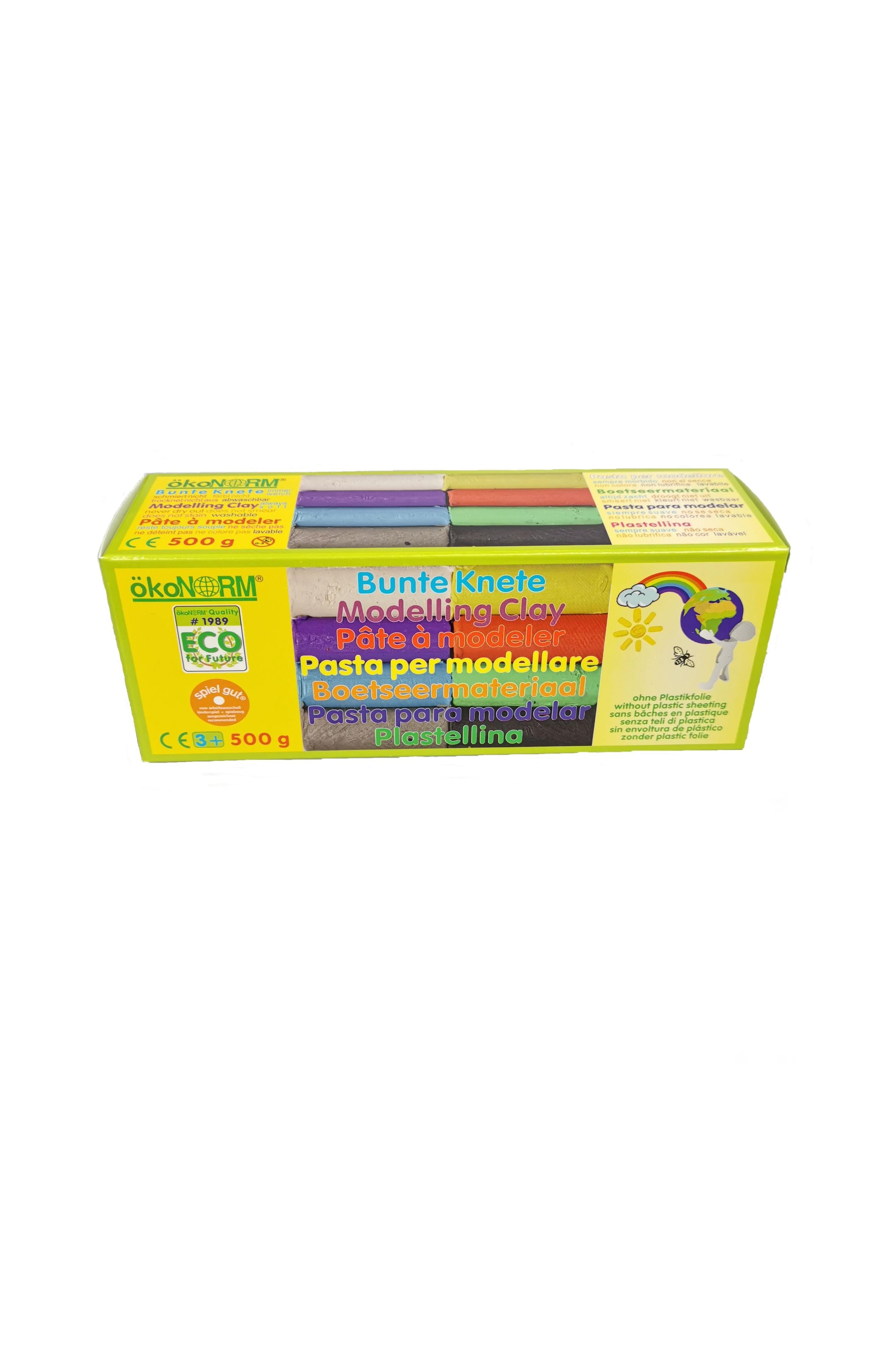 Box of modeling clay with colorful packaging on a white background