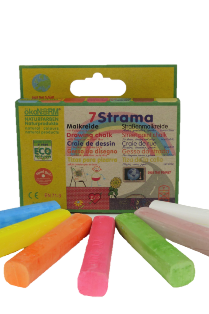 Chalk set with colorful chalks and packaging on a white background