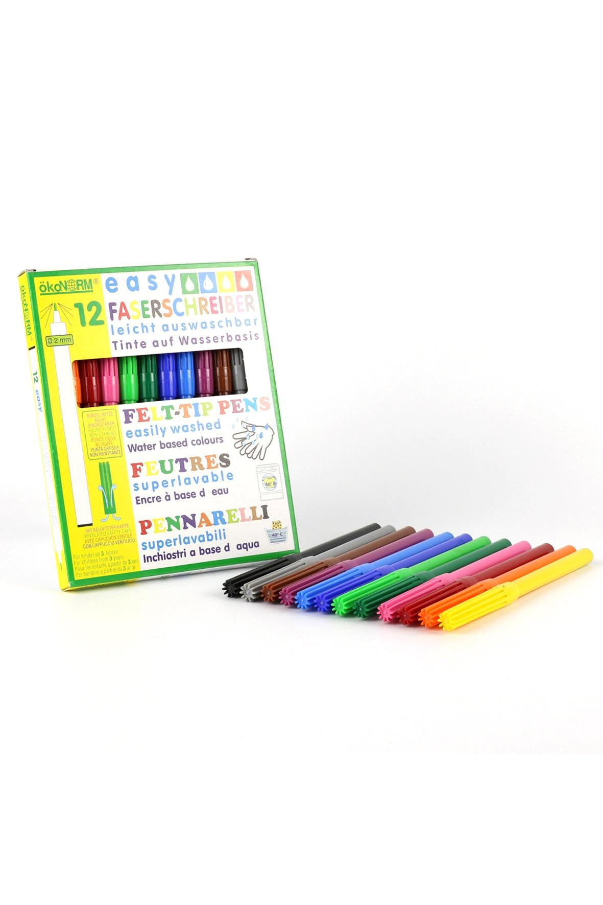 Set of colorful water based pens with packaging on a white background