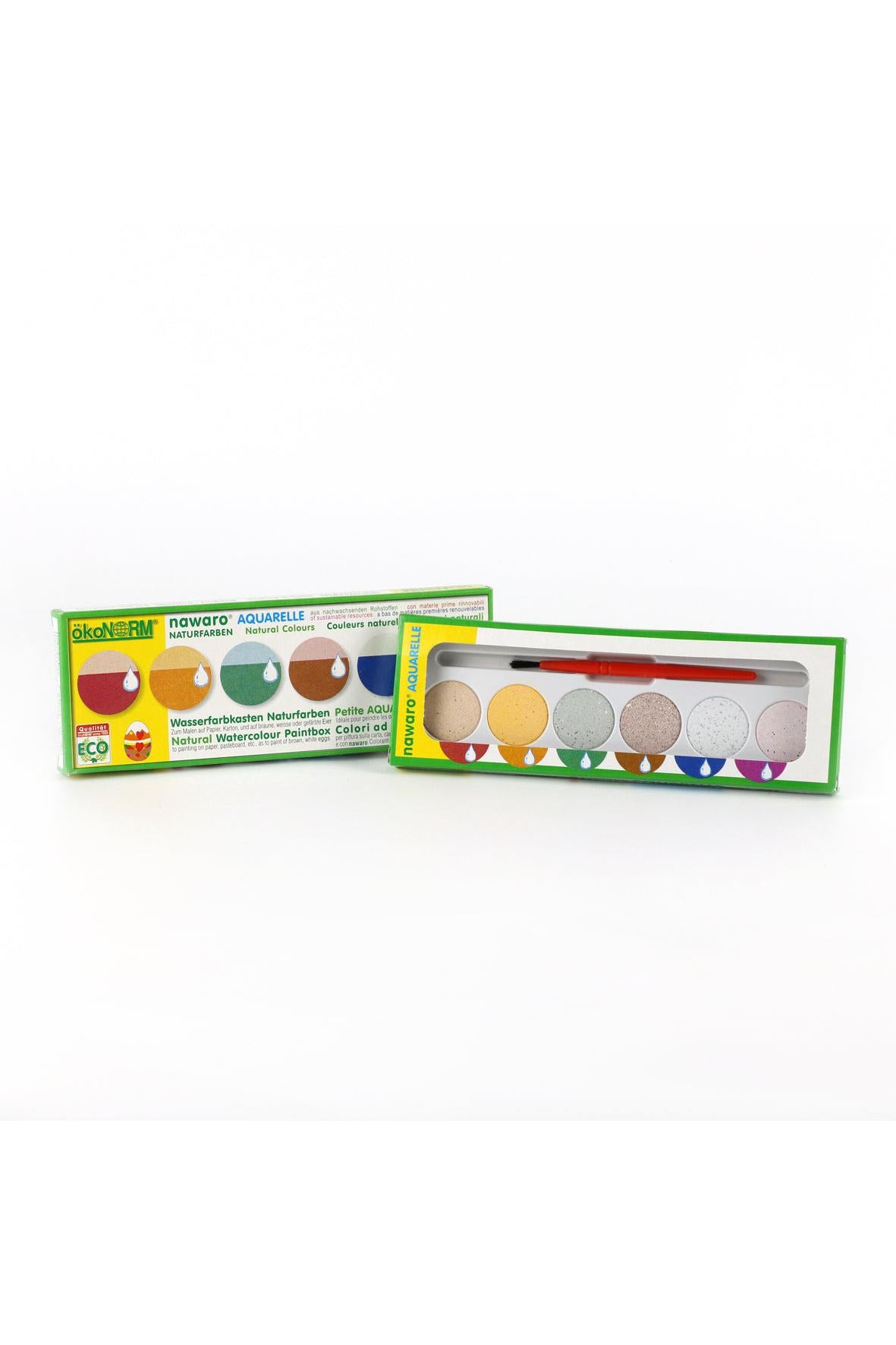 Two boxes of watercolor paint sets on a white background