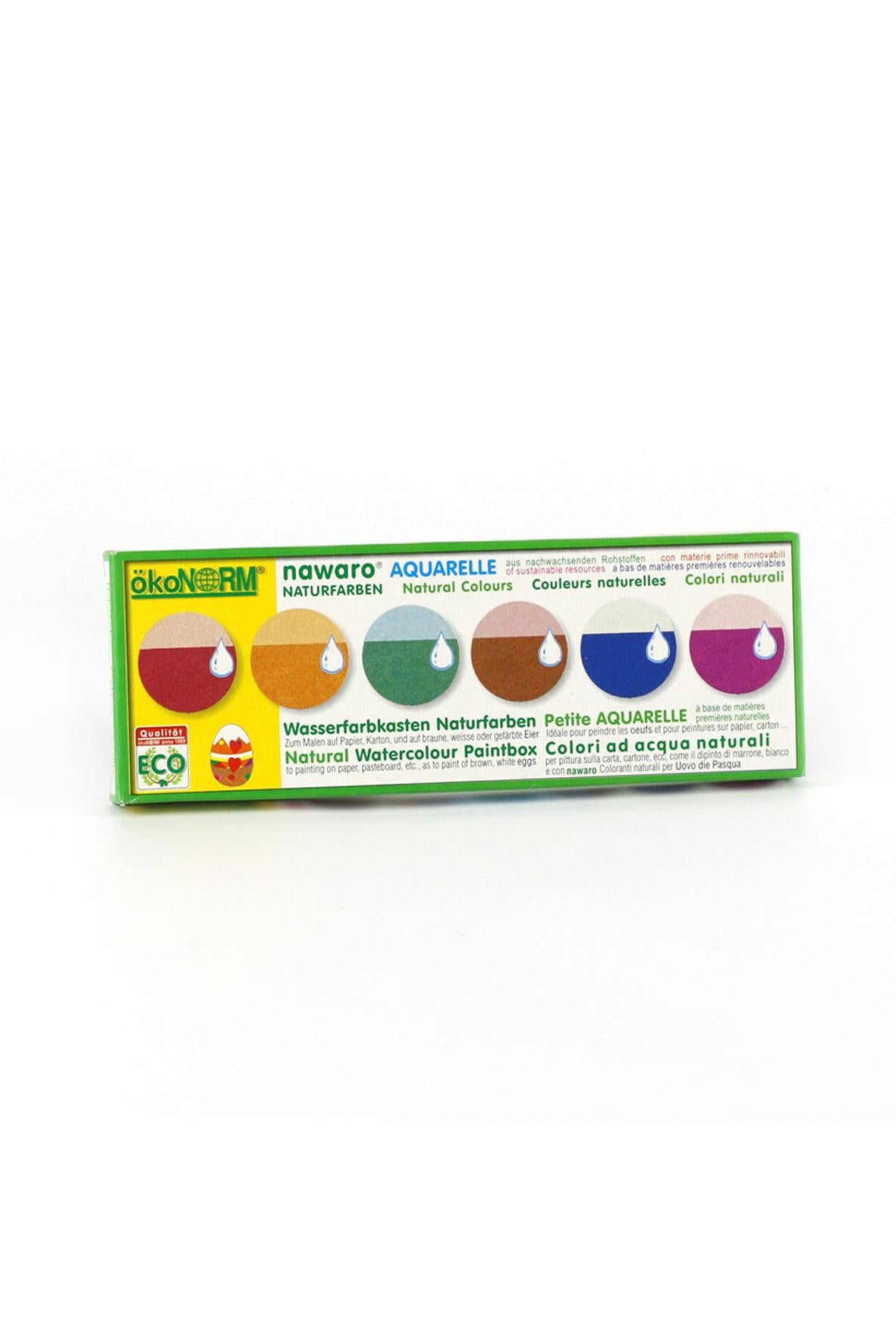 Box of watercolor paint with color swatches on a white background