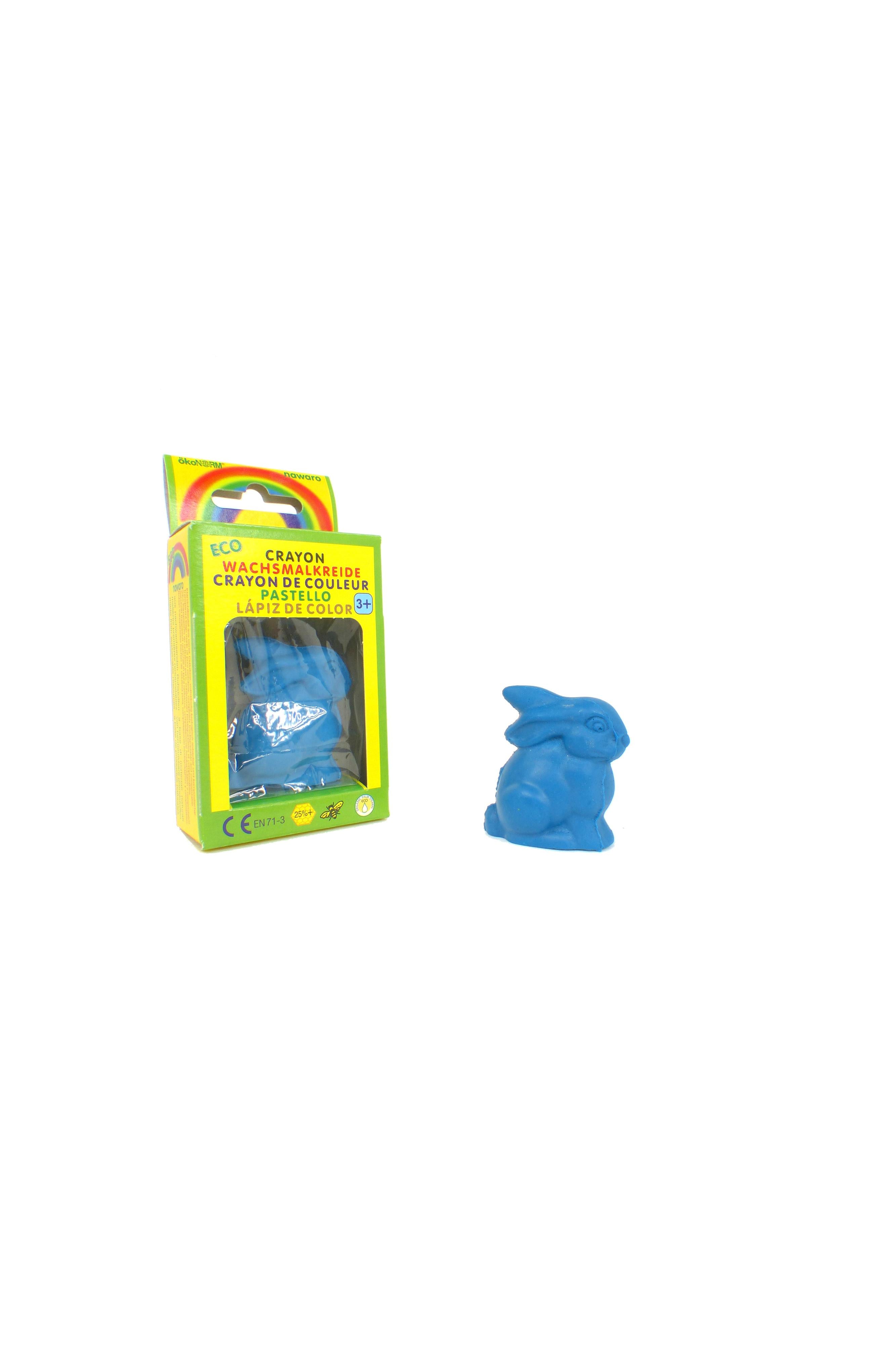 Blue crayon and its packaging on a white background