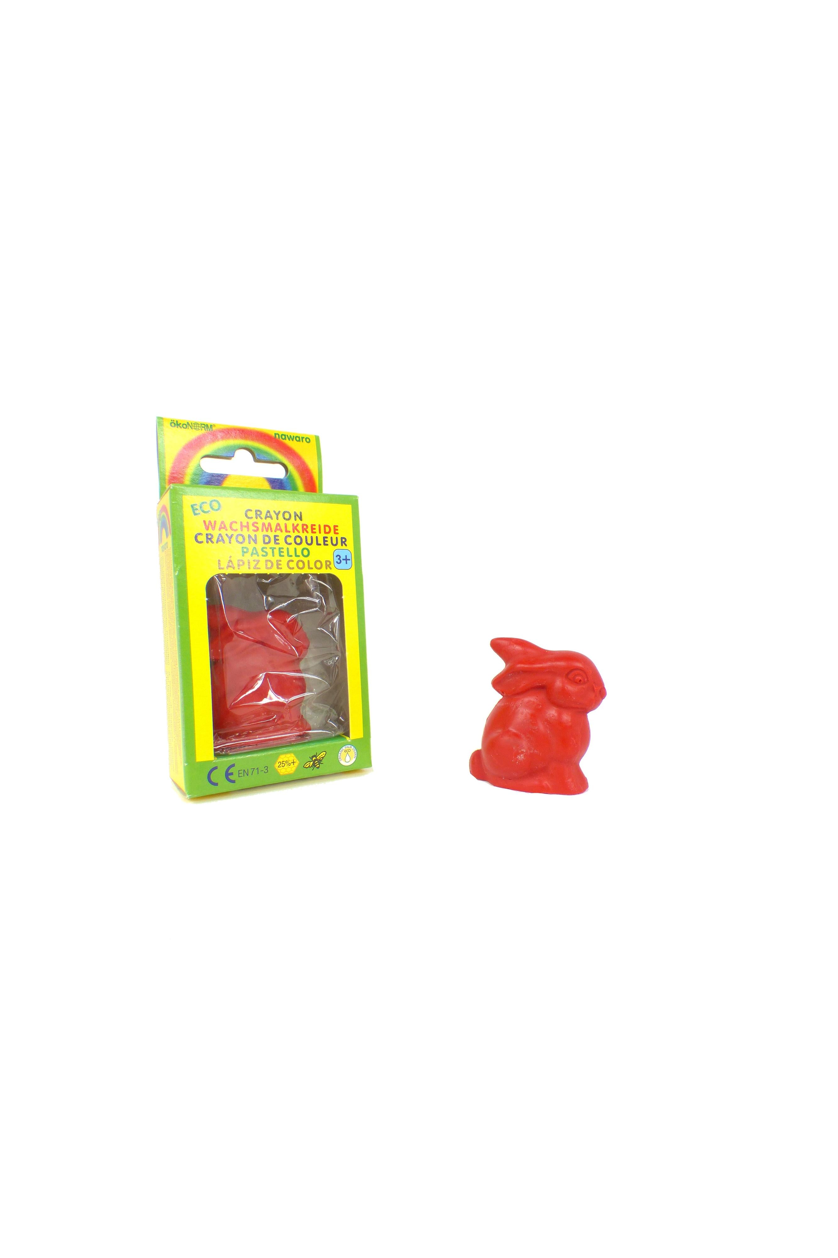 Red crayon shaped like a bunny with packaging on a white background