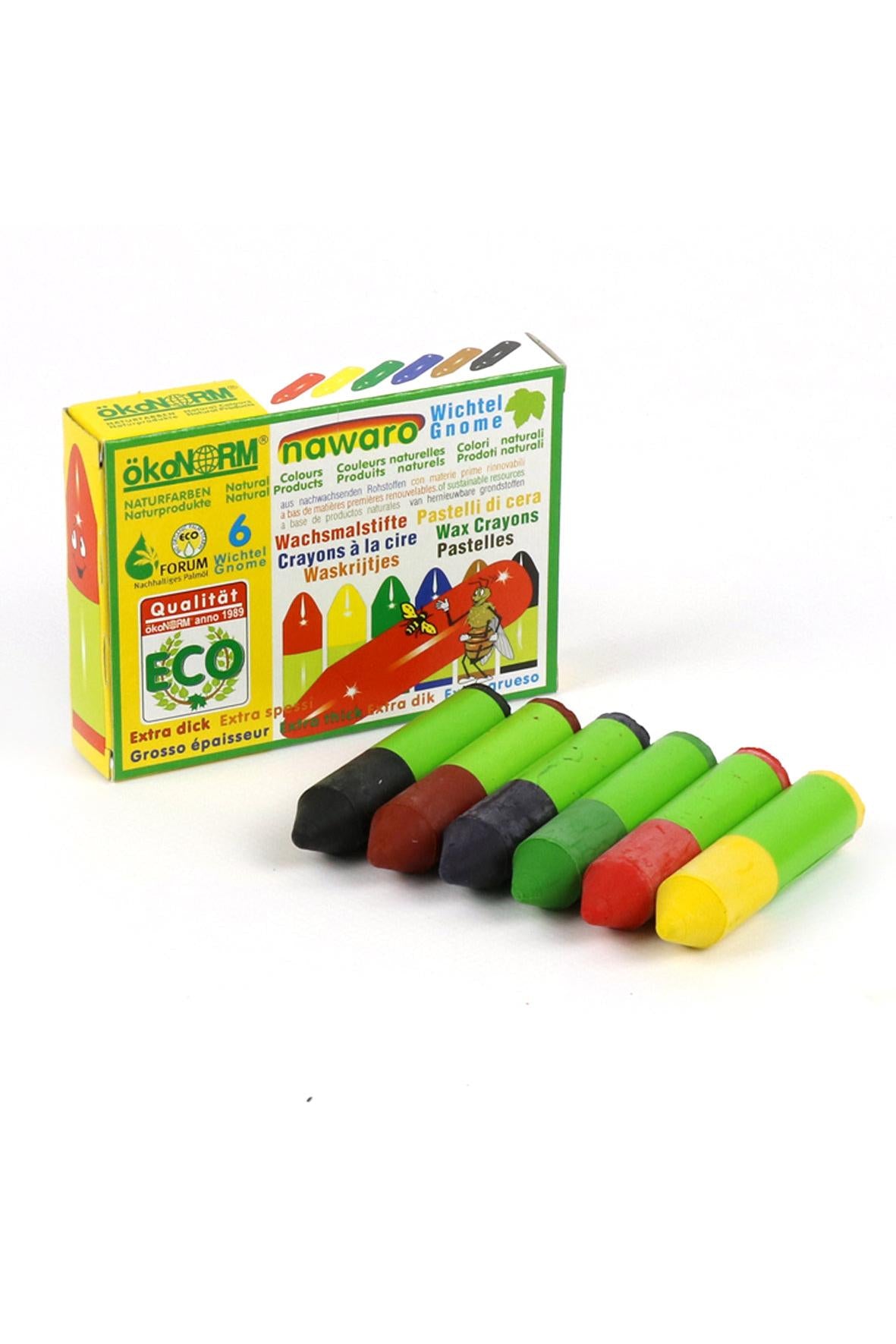 Set of colorful crayons with packaging on a white background