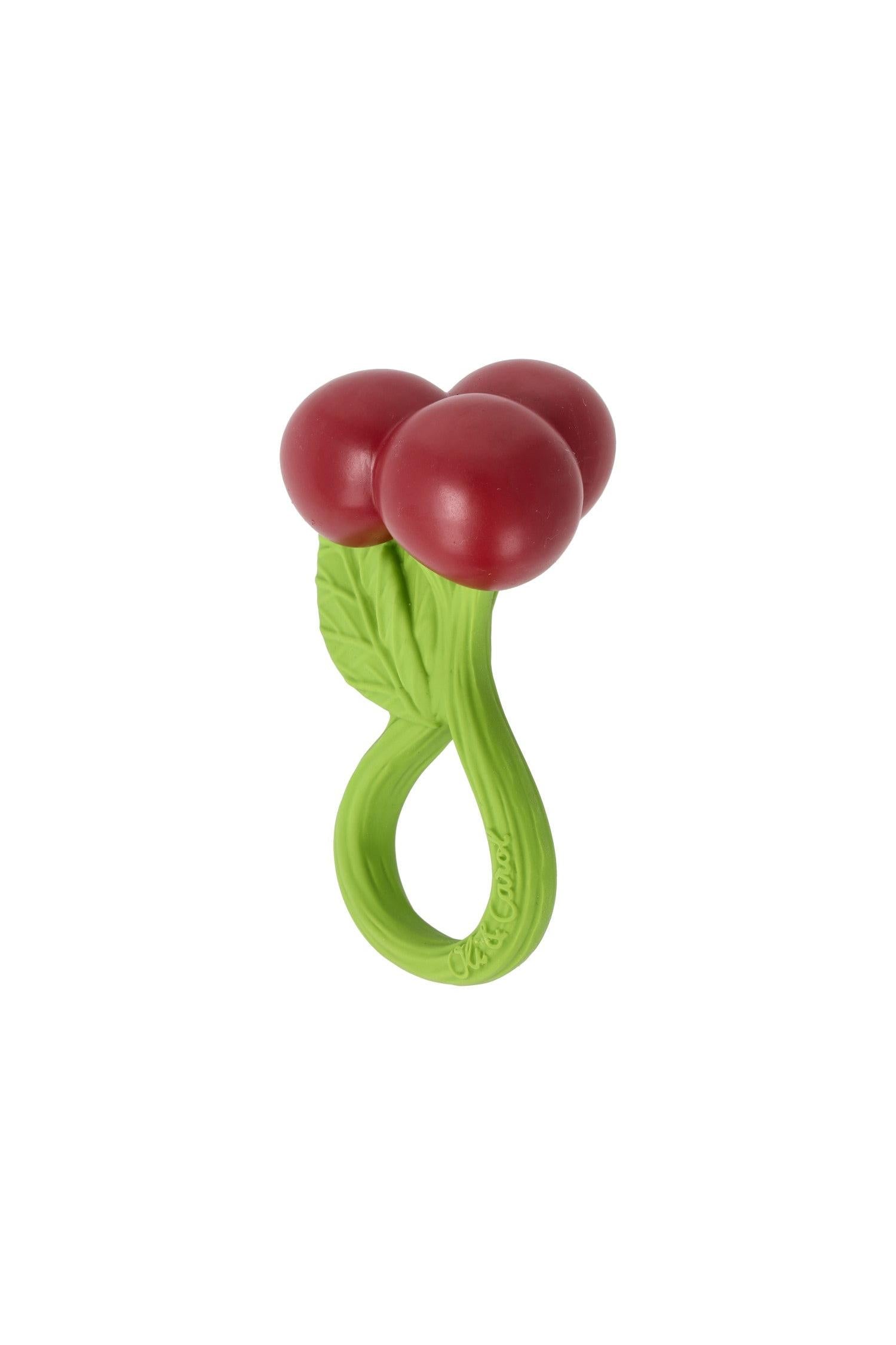 Cherry-shaped baby rattle and teether, safe for newborns and biodegradable.