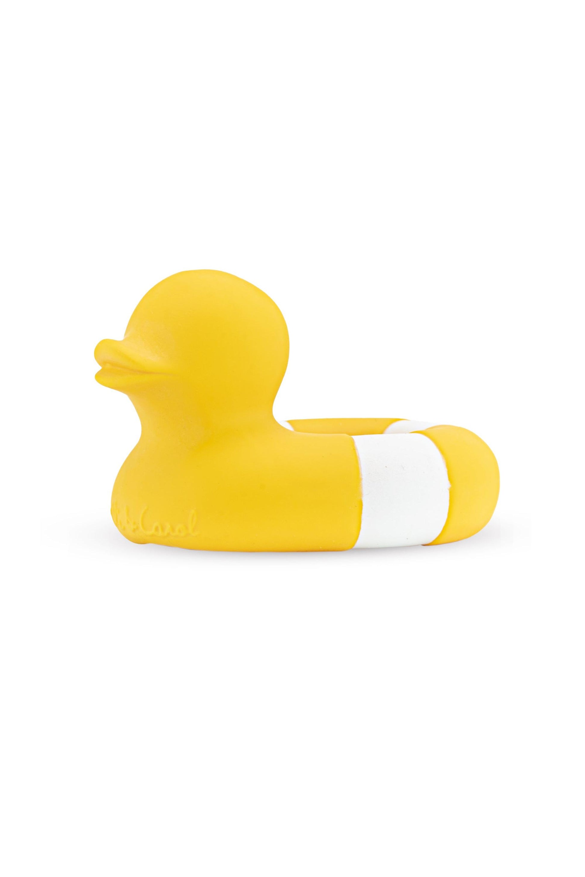 Yellow natural rubber duck with a white belly on a white background