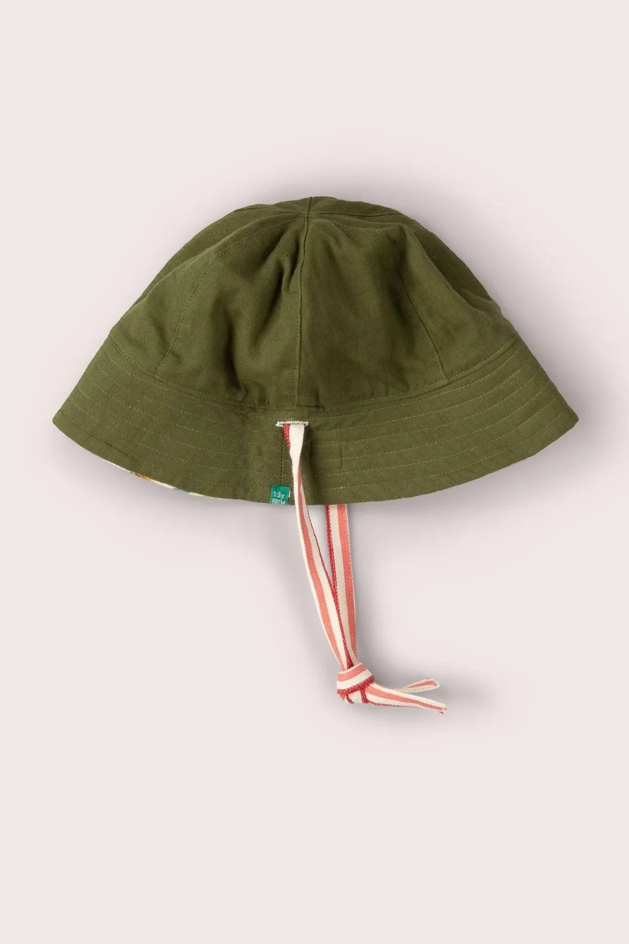 Olive green cotton bucket hat with striped chin strap for children