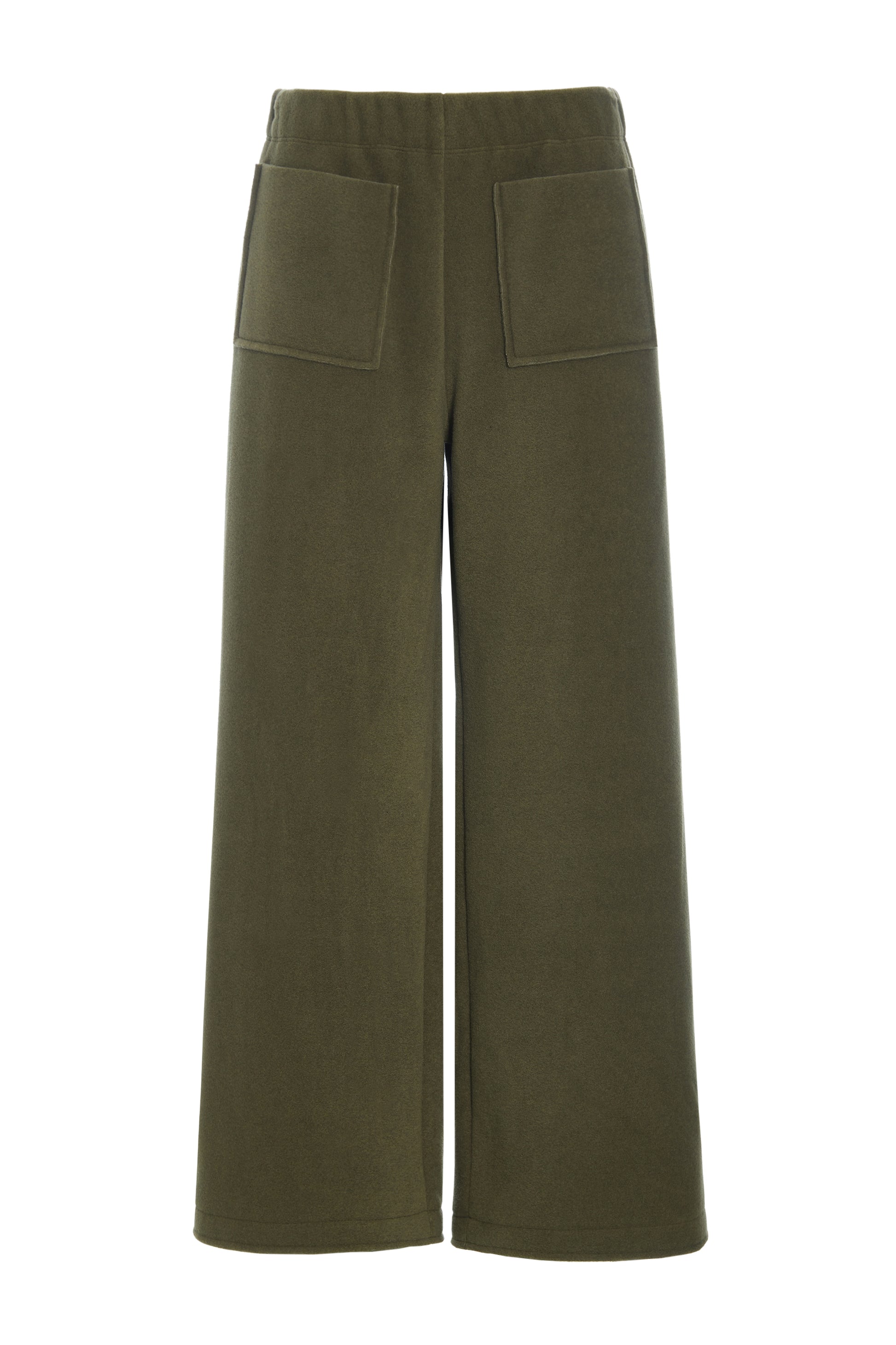 Wide-leg olive green fleece trousers by Henriette Steffensen featuring a comfortable elasticated waistband.