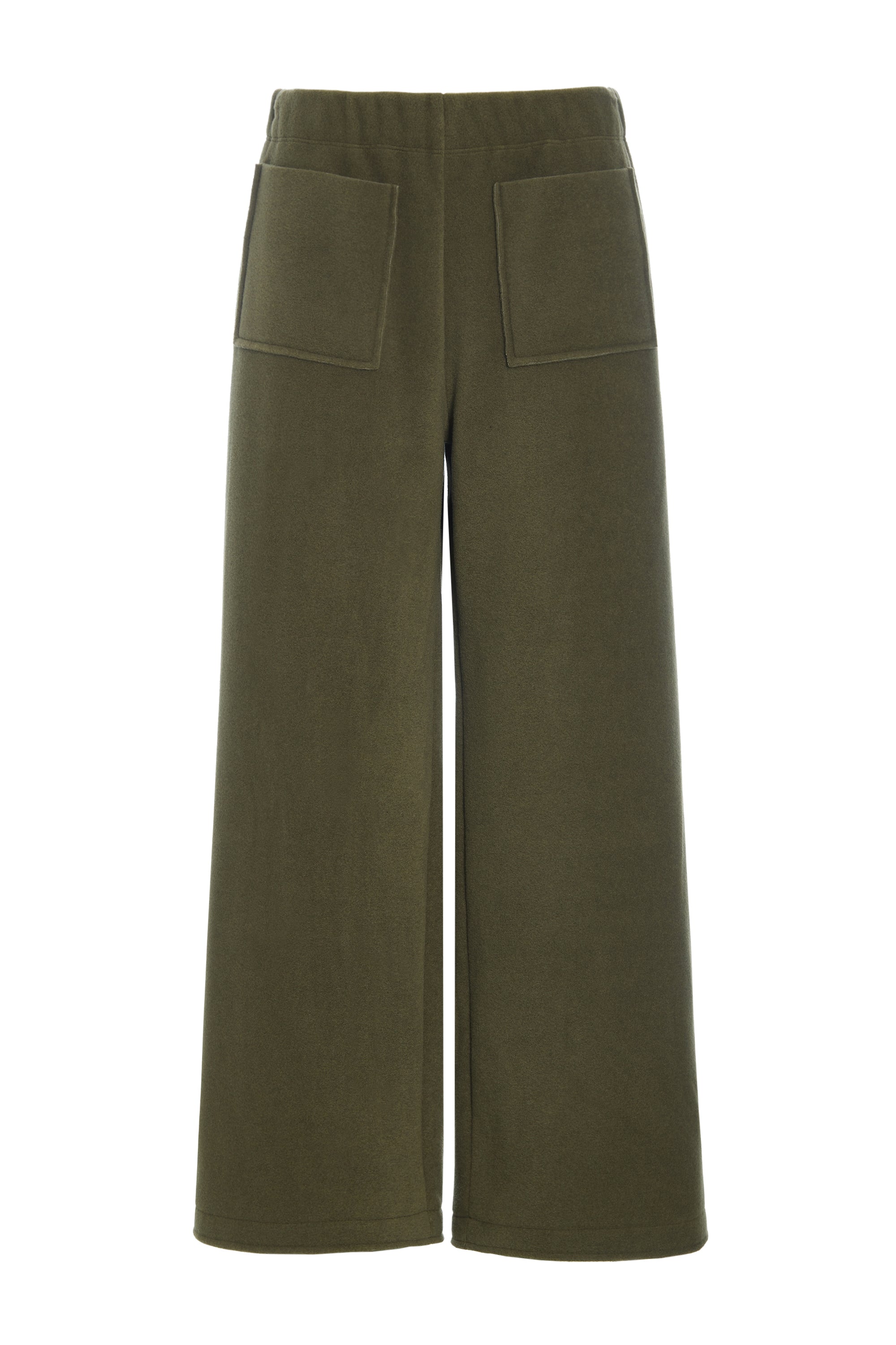 Wide-leg olive green fleece trousers by Henriette Steffensen featuring a comfortable elasticated waistband.