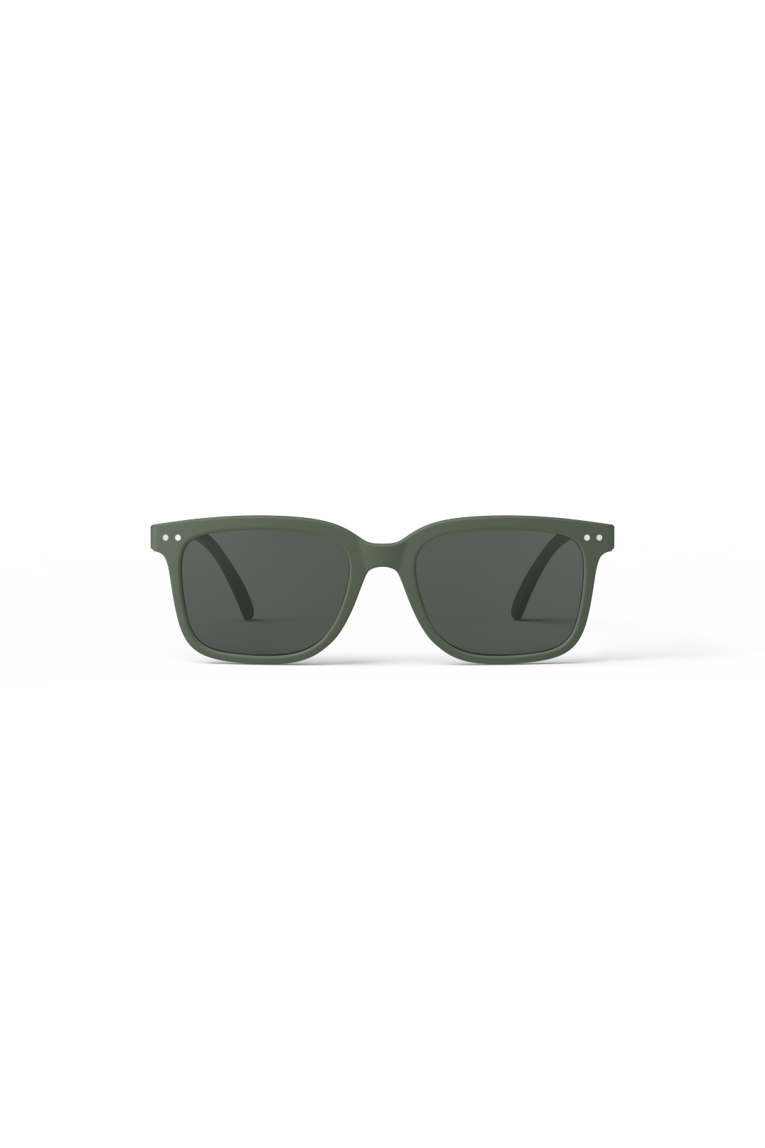 Front view of olive green Izipizi sunglasses with dark lenses on a white background.
