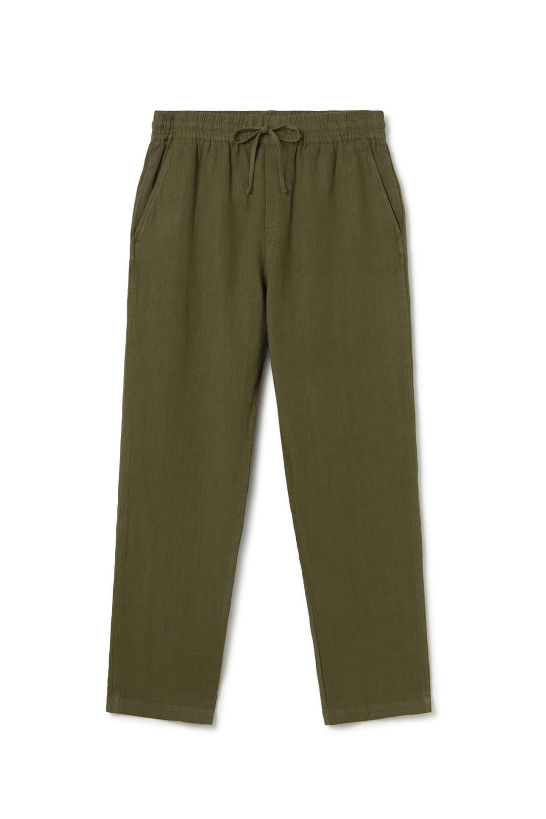 Mens green linen trousers on white backgound