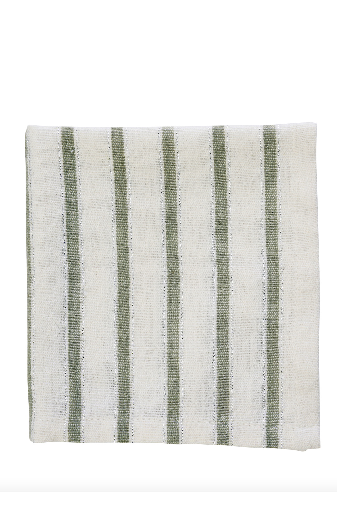 A square cloth napkin featuring olive green and metallic silver stripes on a cream background.