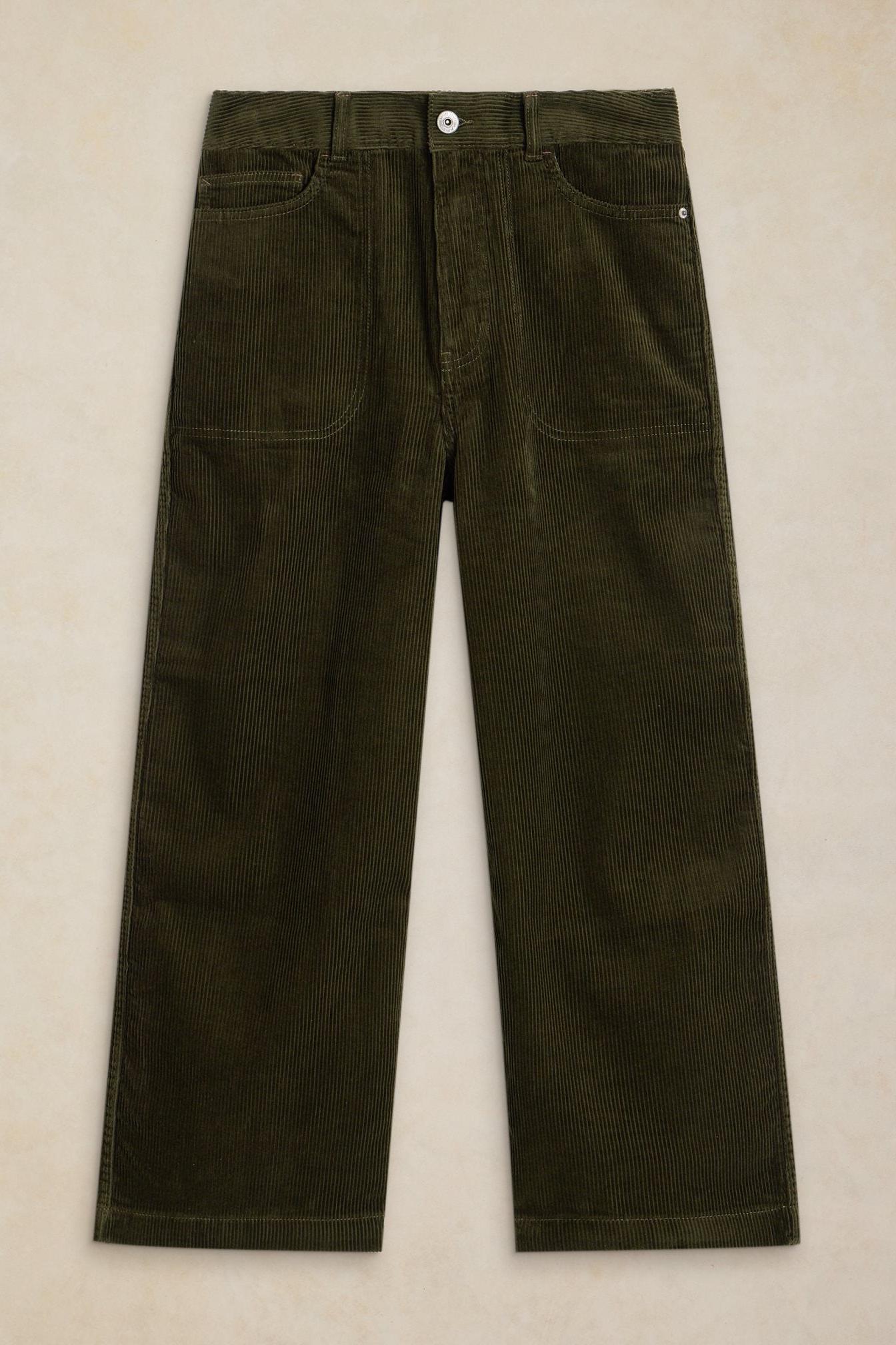 A pair of olive green White Stuff women's cord trousers made from sustainable fabric against a plain background.