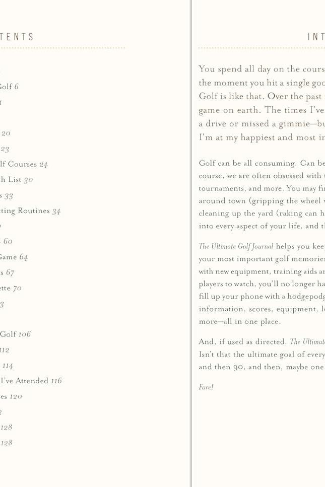 Open pages of a golf log book showing the table of contents and introduction page for golf enthusiasts.