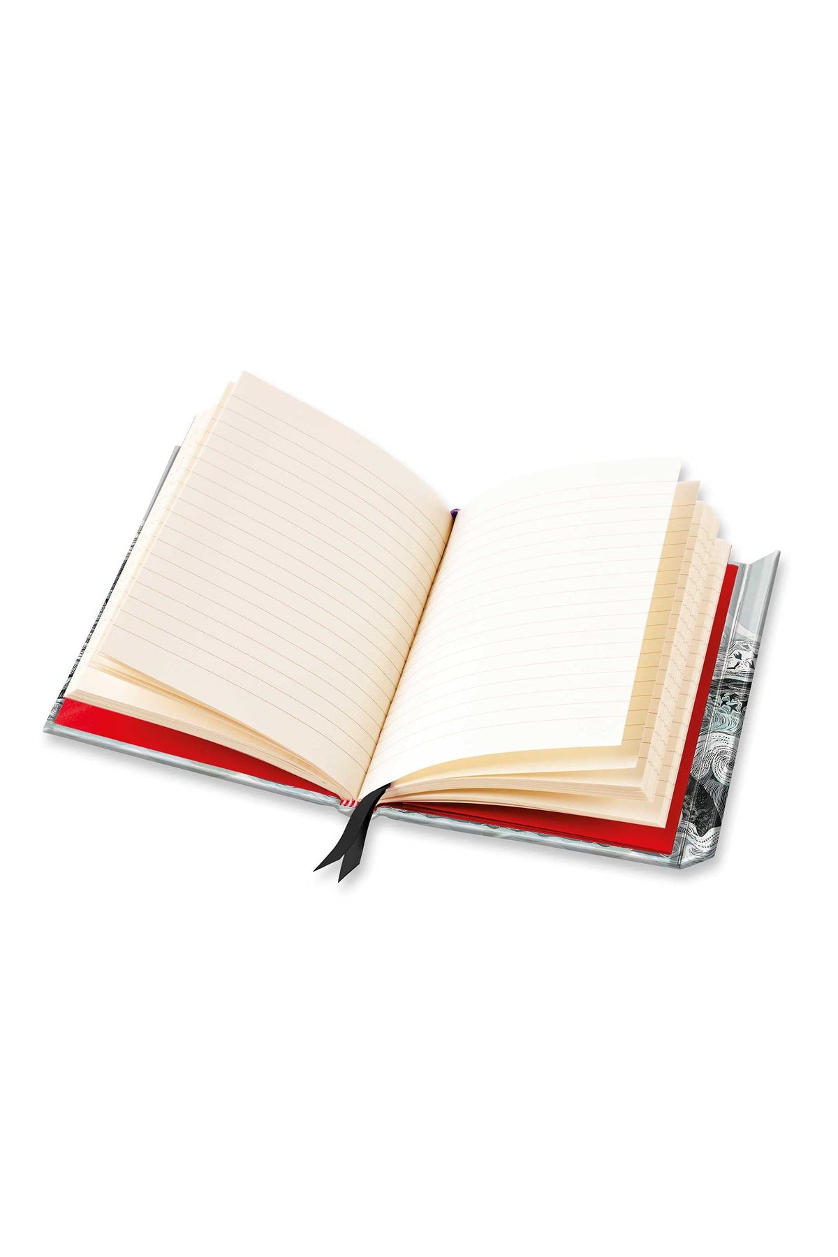 An open lined journal featuring a detailed sea-themed cover design with a black ribbon bookmark.