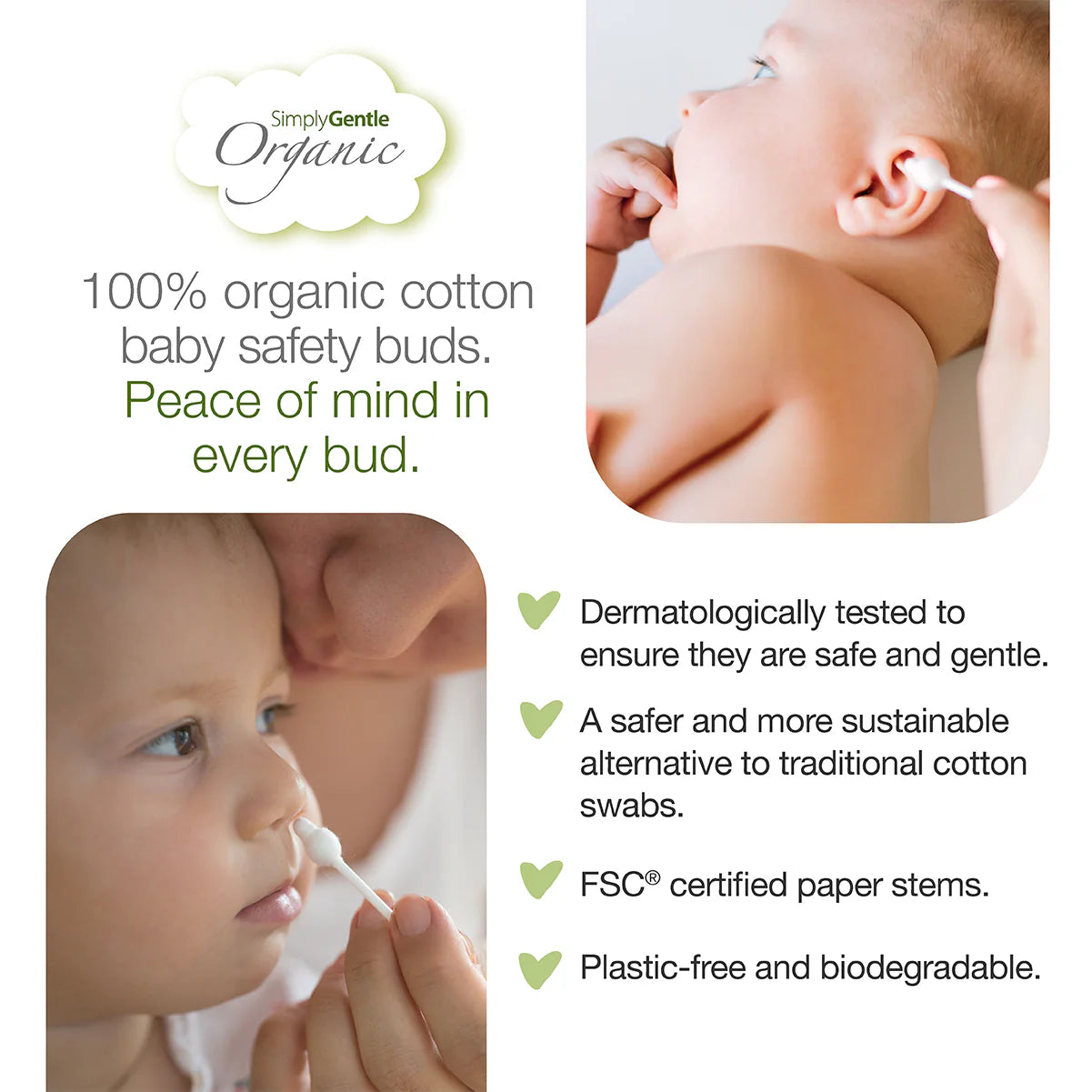 Advertisement for organic cotton baby safety buds with images of a baby and a child using them.
