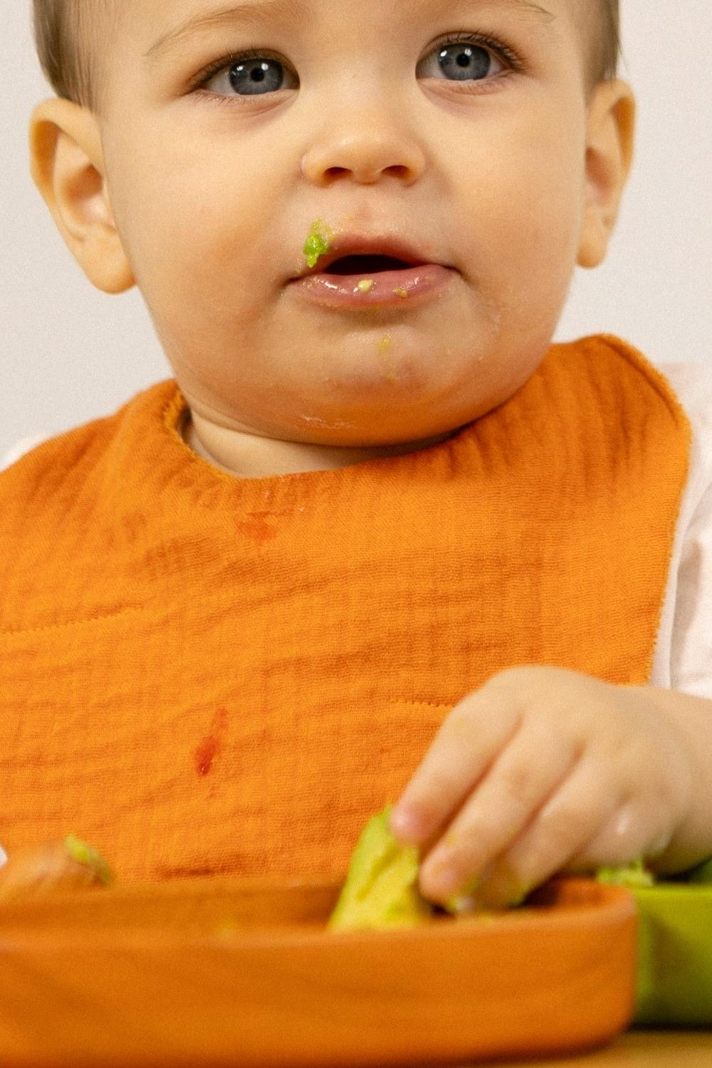 Organic cotton baby bib with playful carrot design, three layers for spill protection, and handmade embroidered details.