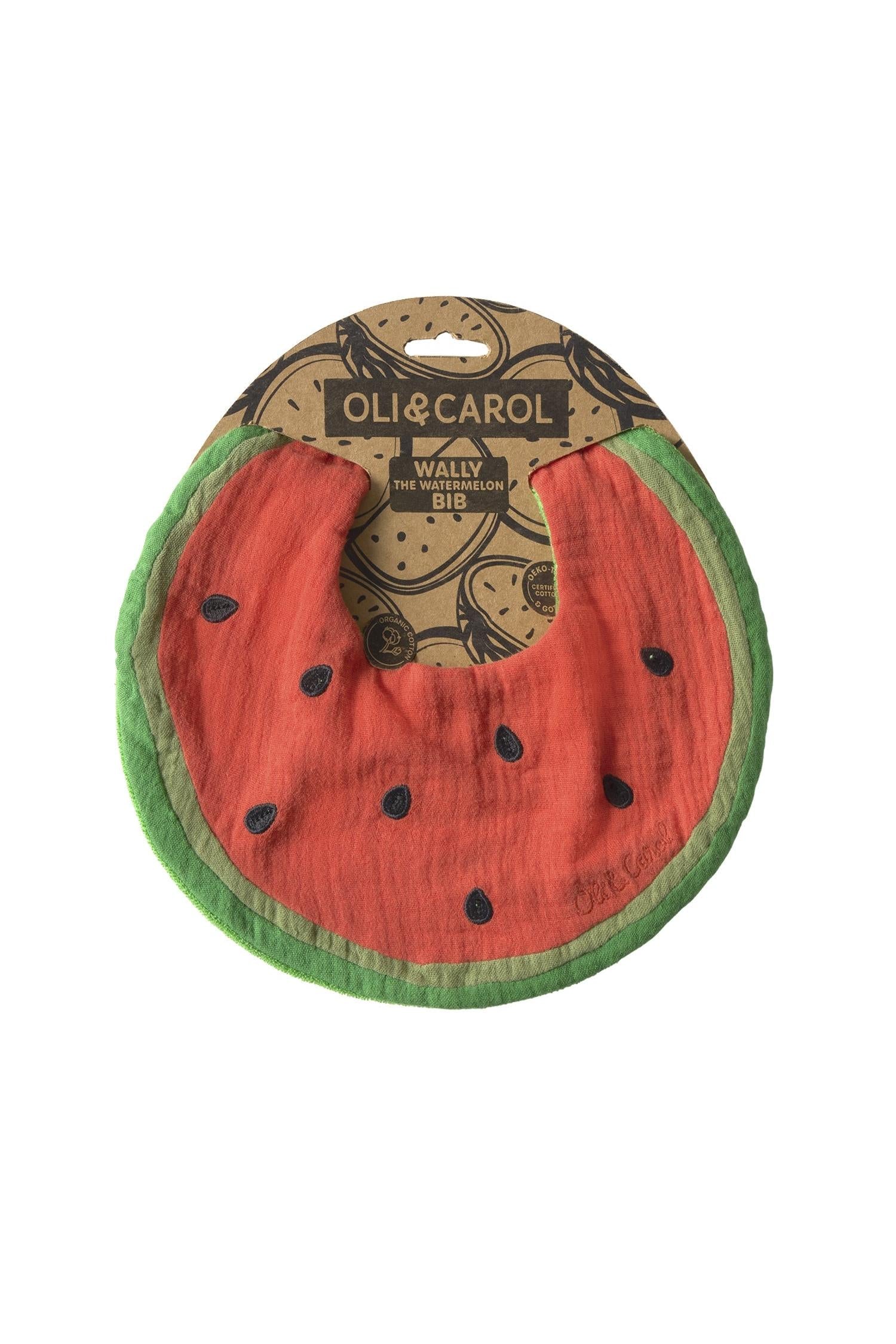 Watermelon-shaped baby bib with black seeds on a white background, branded 'Oli & Carol'.