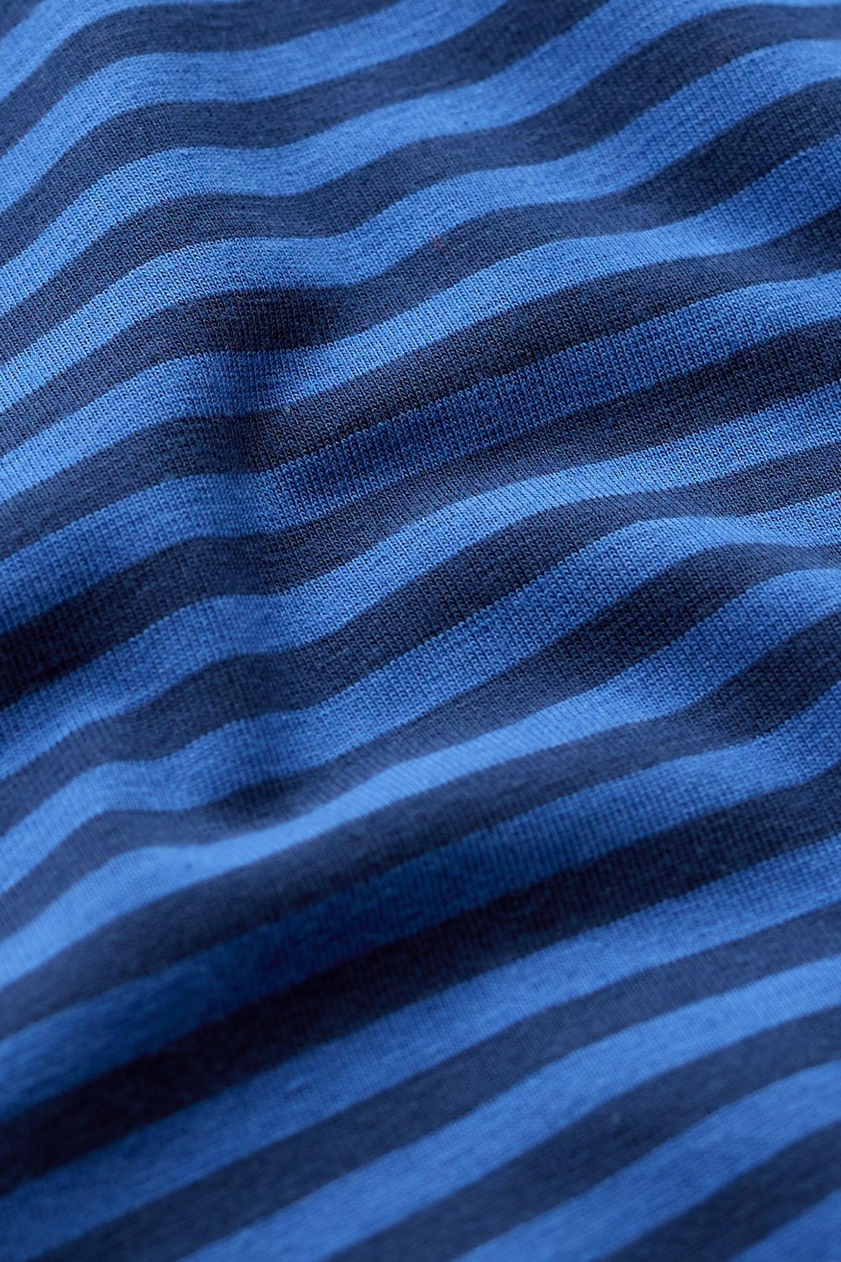 Close-up of soft organic cotton fabric featuring a blue stripe pattern.