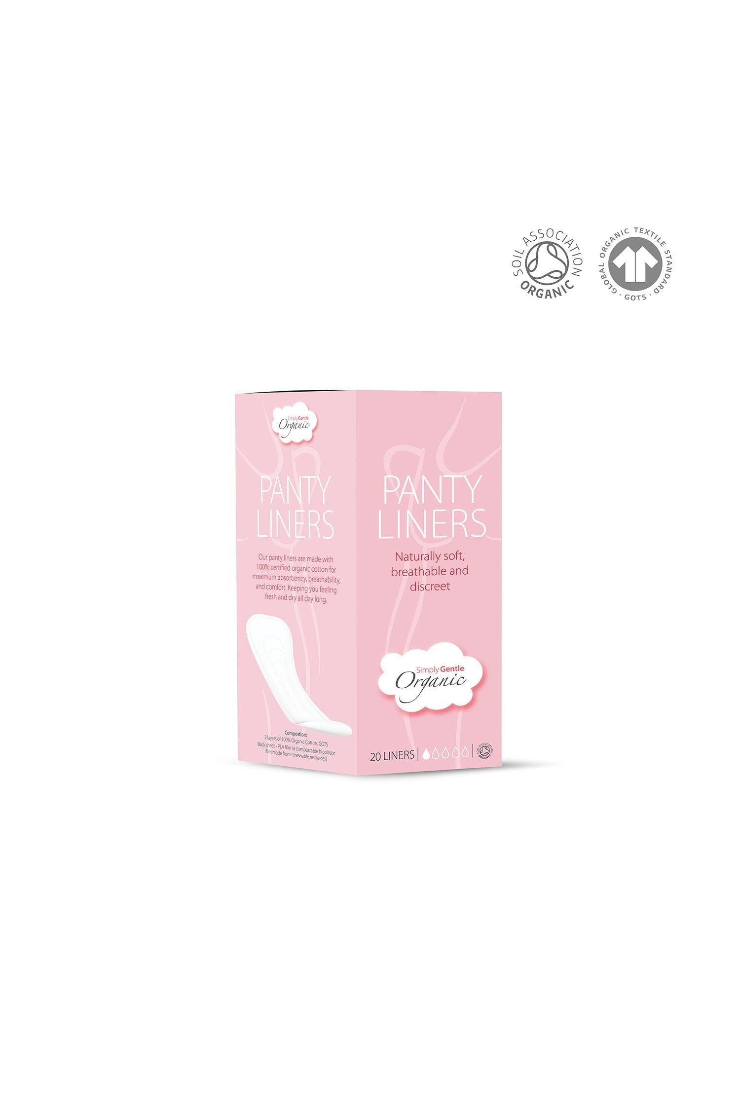 Box of organic panty liners with visible branding on a white background
