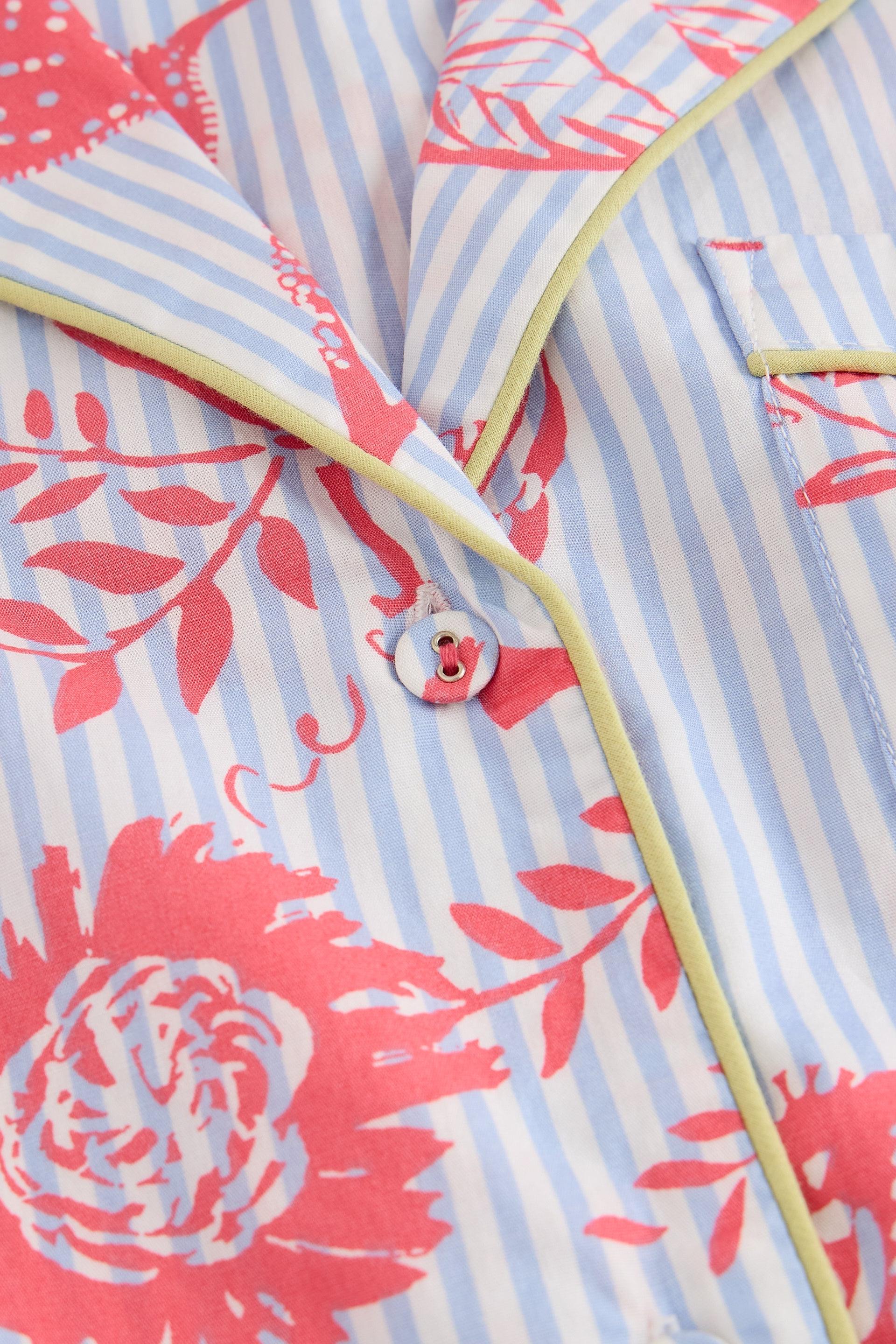 Close-up of a floral print organic cotton pyjama shirt with blue stripes and light green piping trim.