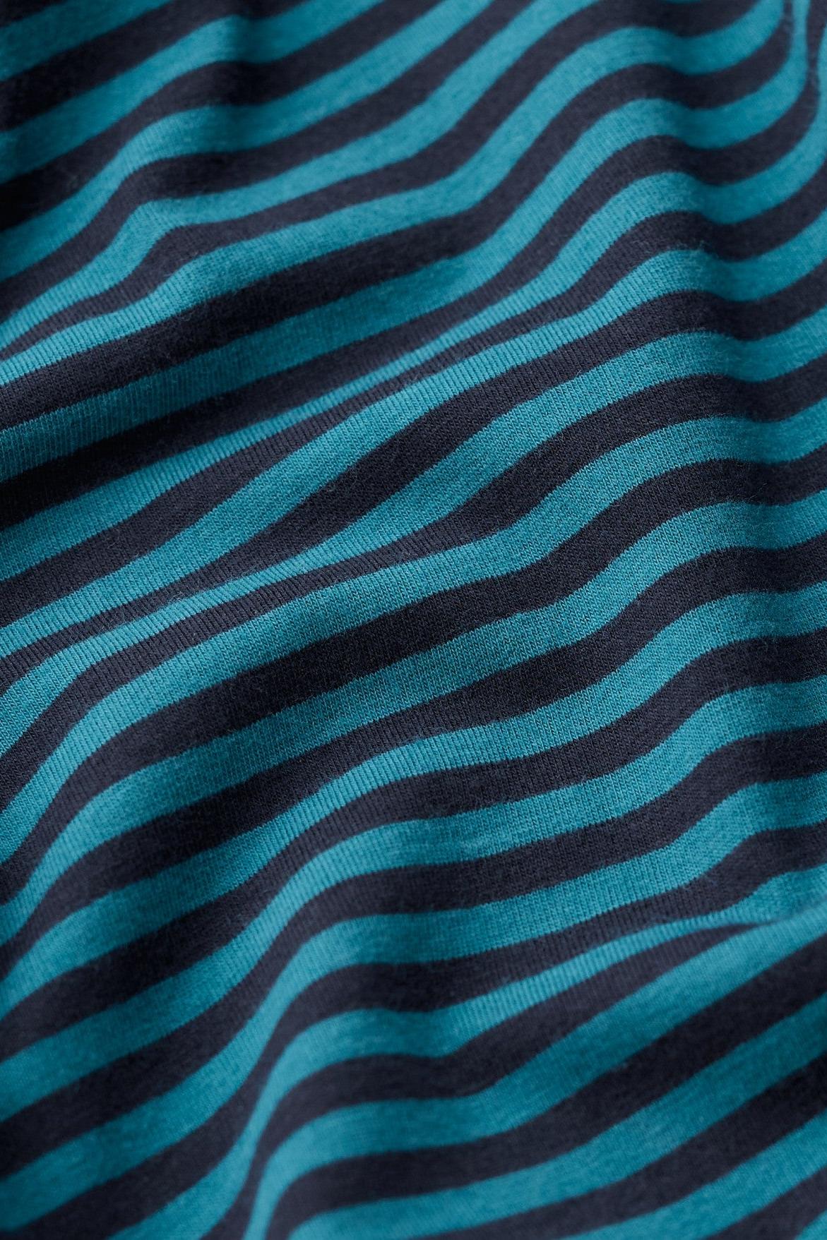 A close-up of a wavy striped fabric with alternating teal blue and dark navy horizontal bands.