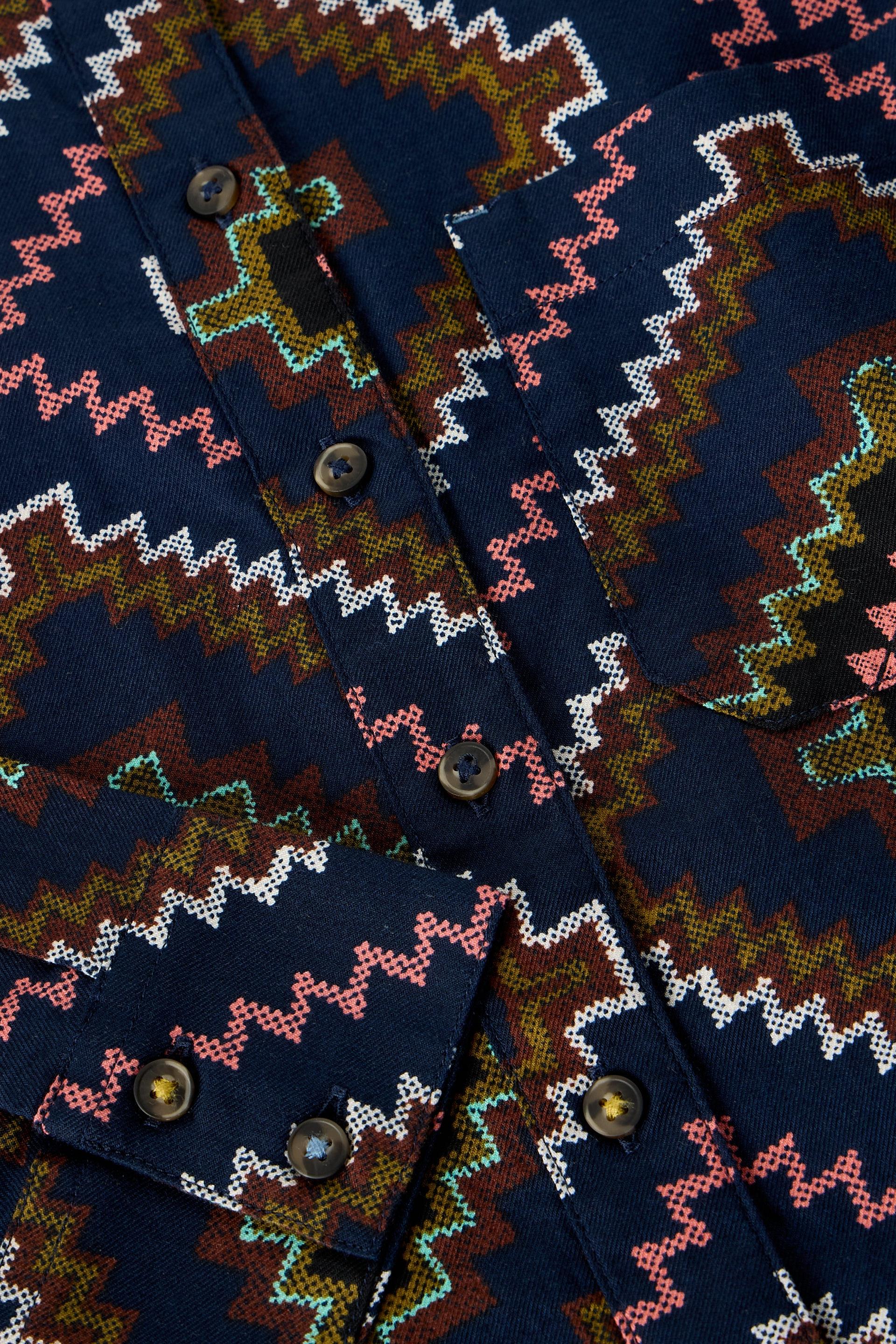 Close-up of a patterned fabric with zigzag and geometric designs on a blue background.