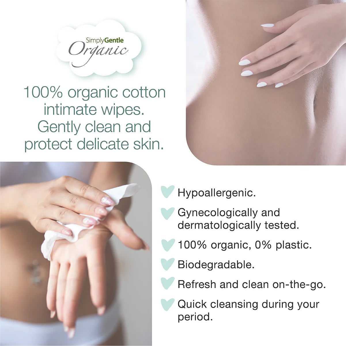 Advertisement for organic cotton intimate wipes with text highlighting benefits.