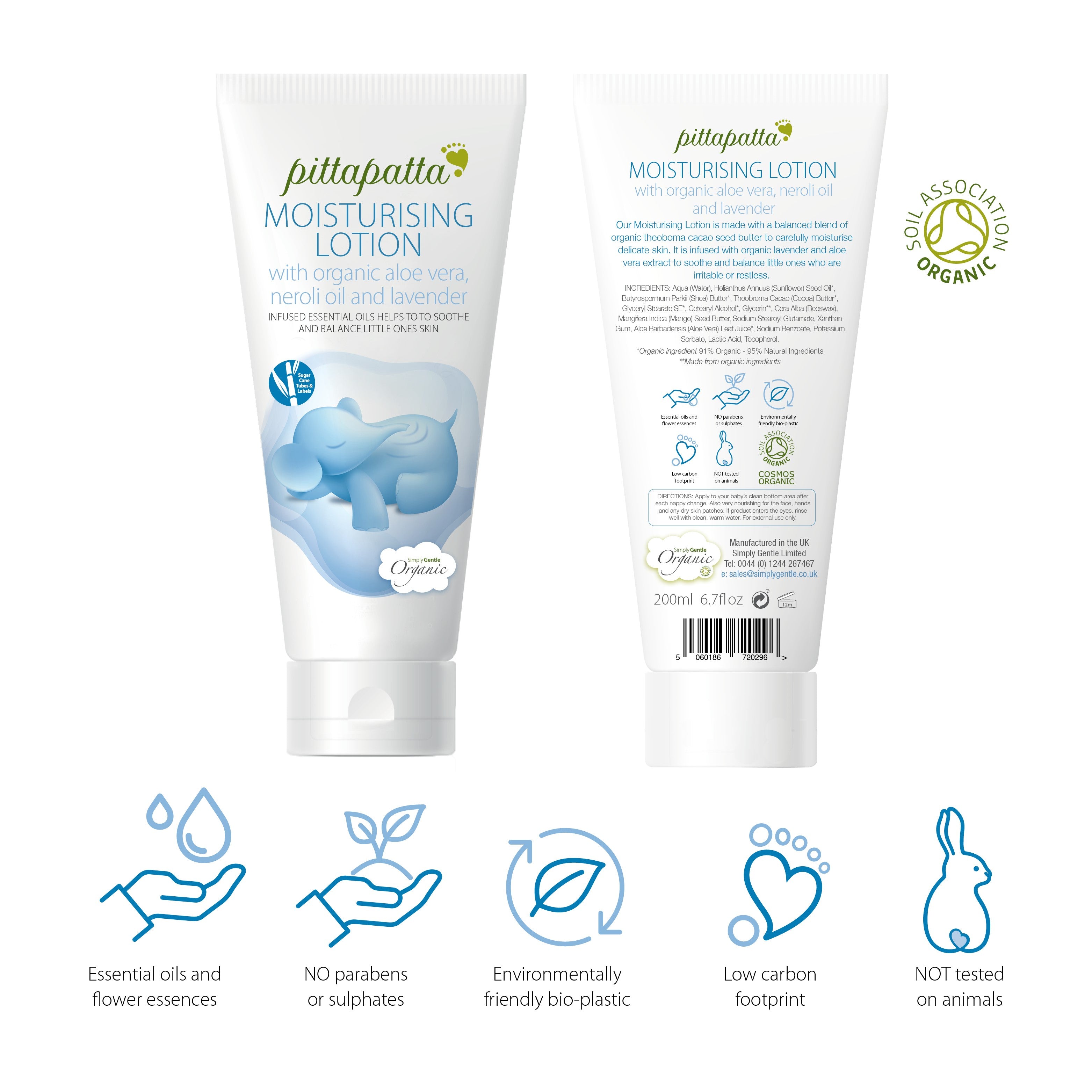 Pittapatta moisturizing lotion tube with front and back views on a white background