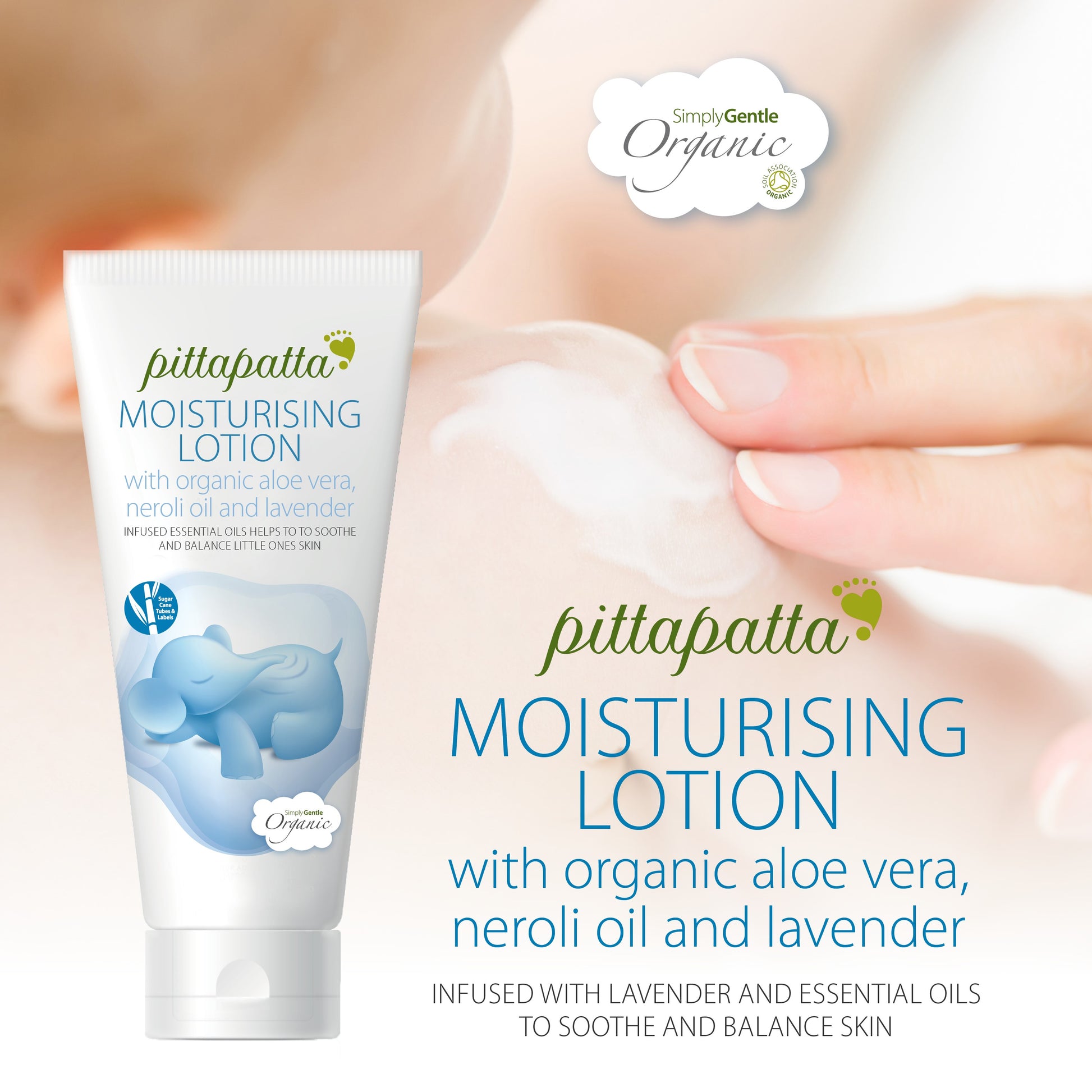 Pittapatta moisturising lotion with organic aloe vera, neroli oil, and lavender on a blurred background.