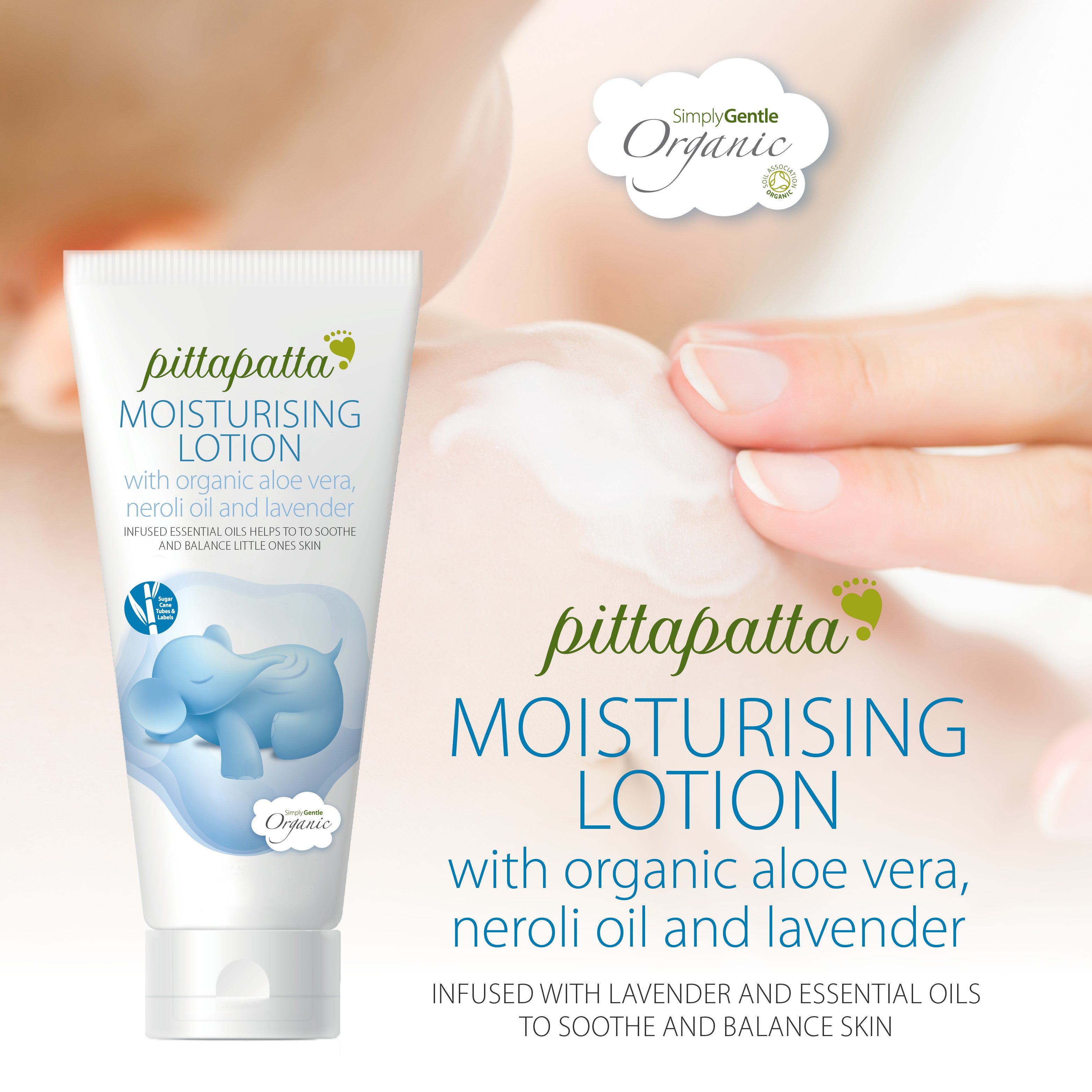 Pittapatta moisturising lotion with organic aloe vera, neroli oil, and lavender on a blurred background.