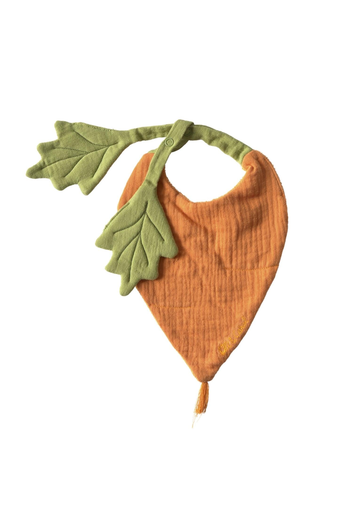 Handmade organic cotton baby bib, colourful and tactile, keeps babies comfortable and dry during meals.