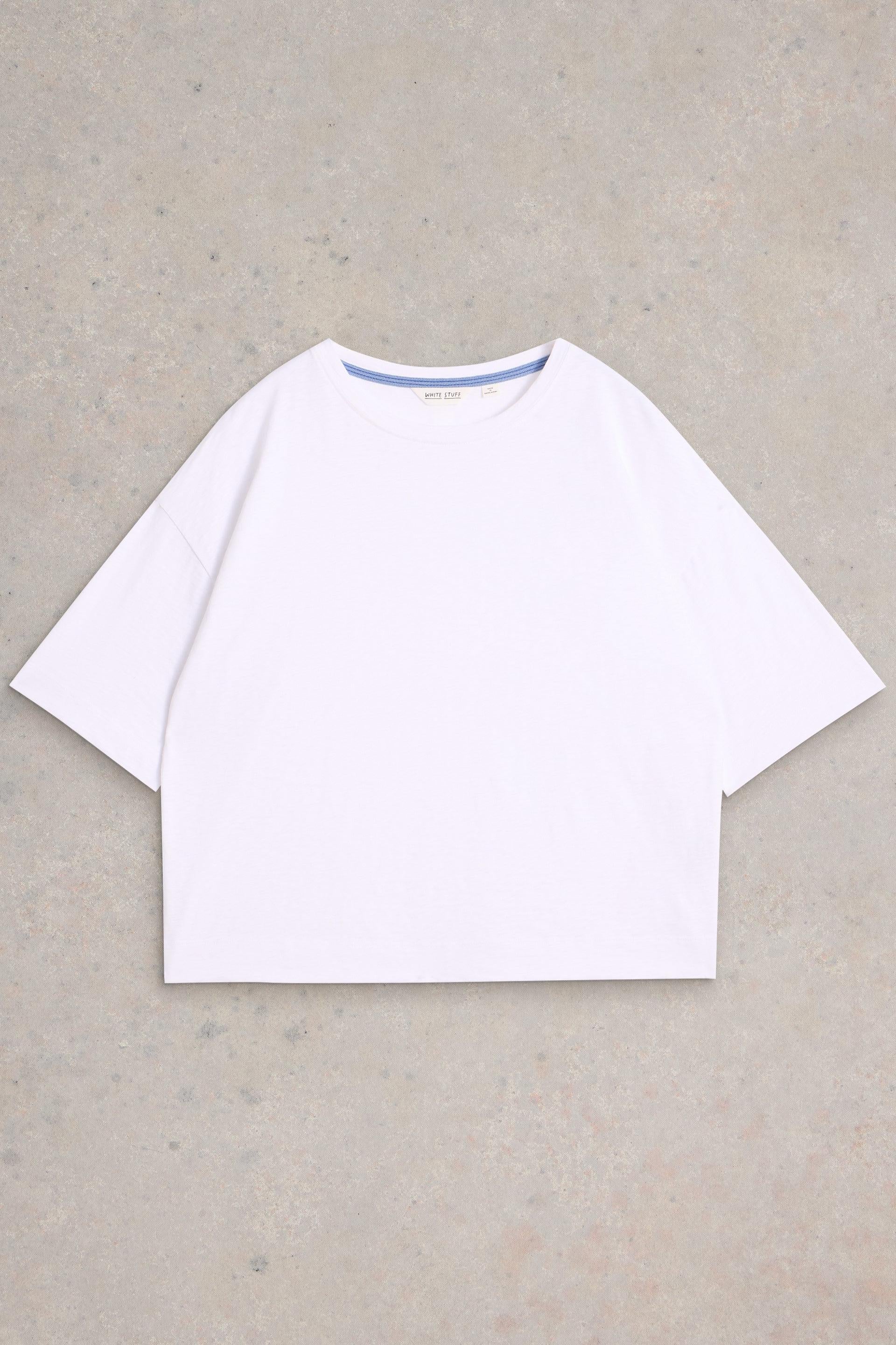 Fairtrade boxy white tee on grey background