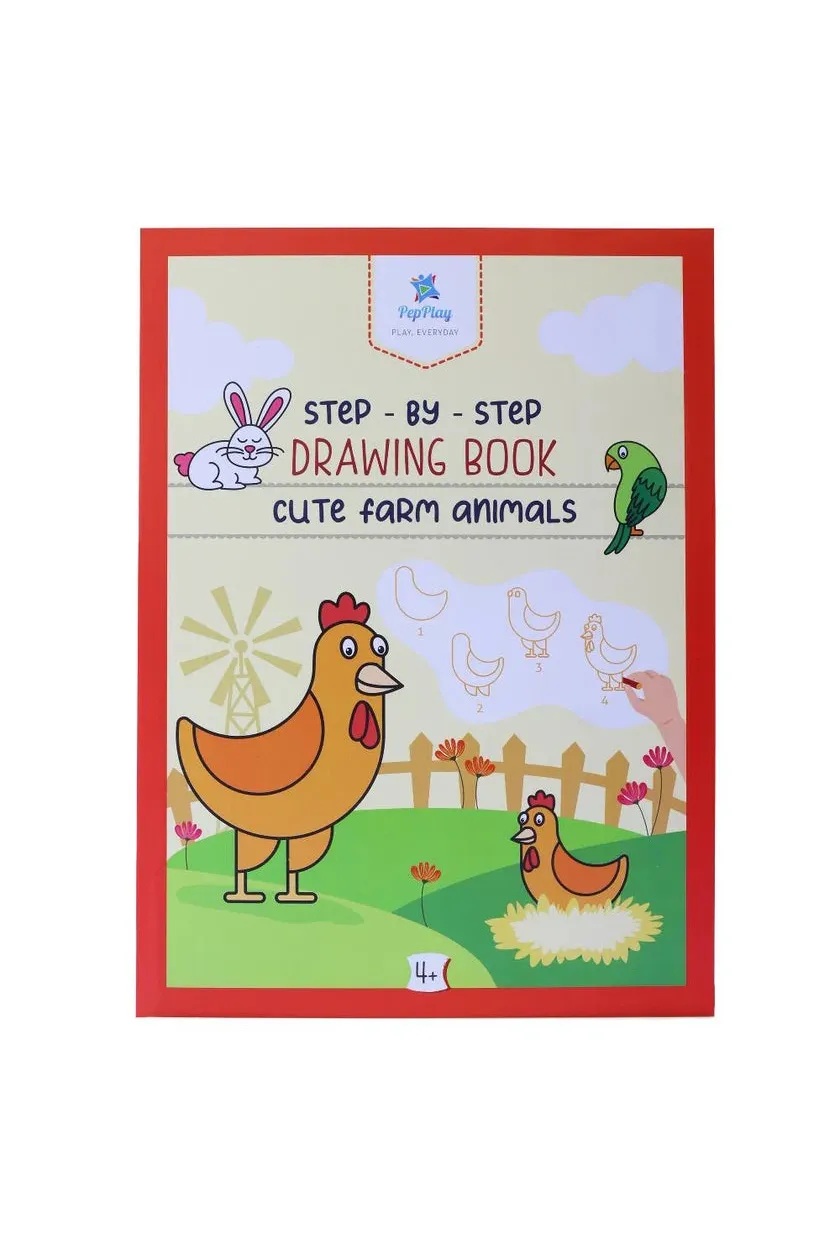 A children's step-by-step drawing book titled 'Cute Farm Animals' by PepPlay Fun Learning, featuring colorful cartoon illustrations of a chicken, rabbit, parrot, and a hand showing how to draw farm animals, set against a red border on a white background.