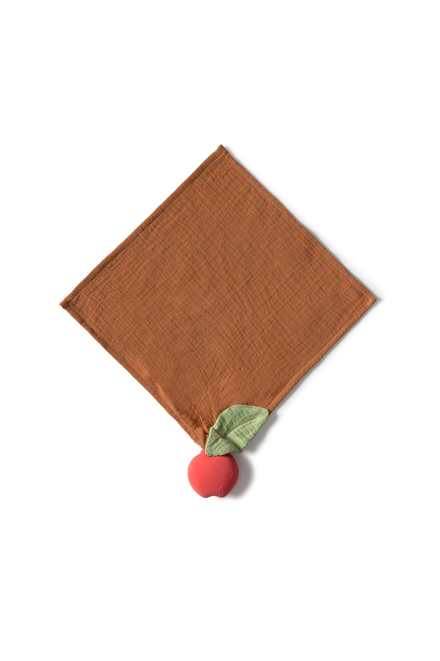 Organic cotton baby comfort toy, apple-shaped plush with natural rubber fruit, non-toxic, safe, and eco-conscious.