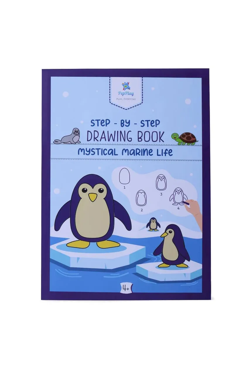 Step-by-step drawing book for marine life with penguin illustration on a blue background