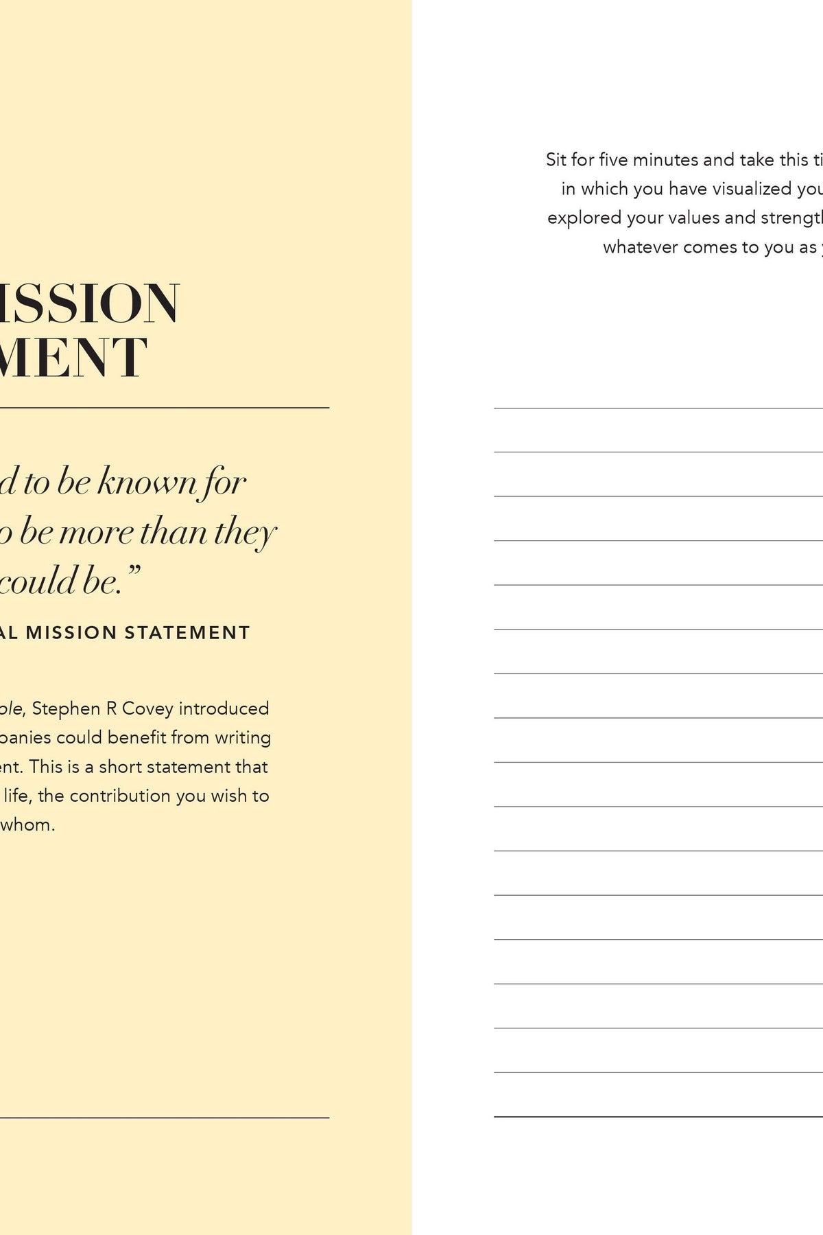 A journal page titled Your Mission Statement with writing prompts and empty lined space for reflection.
