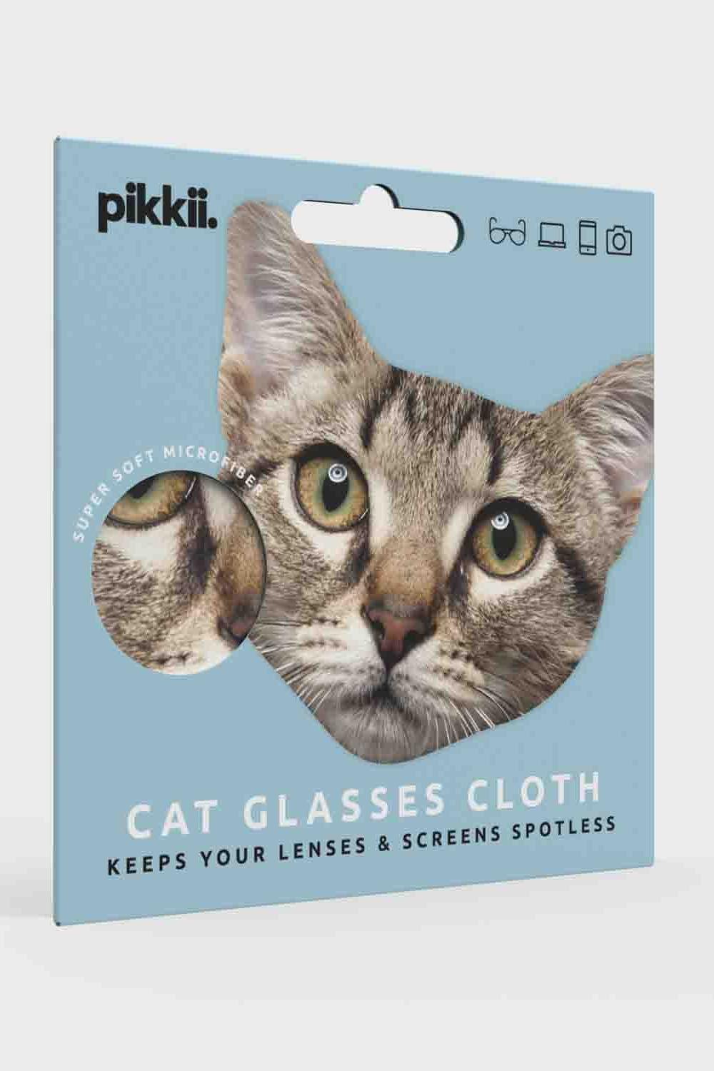 Pikkii cat glasses cloth packaging, featuring a light blue box with a large photo of a tabby cat's face and a circular cutout showing the soft microfiber material.
