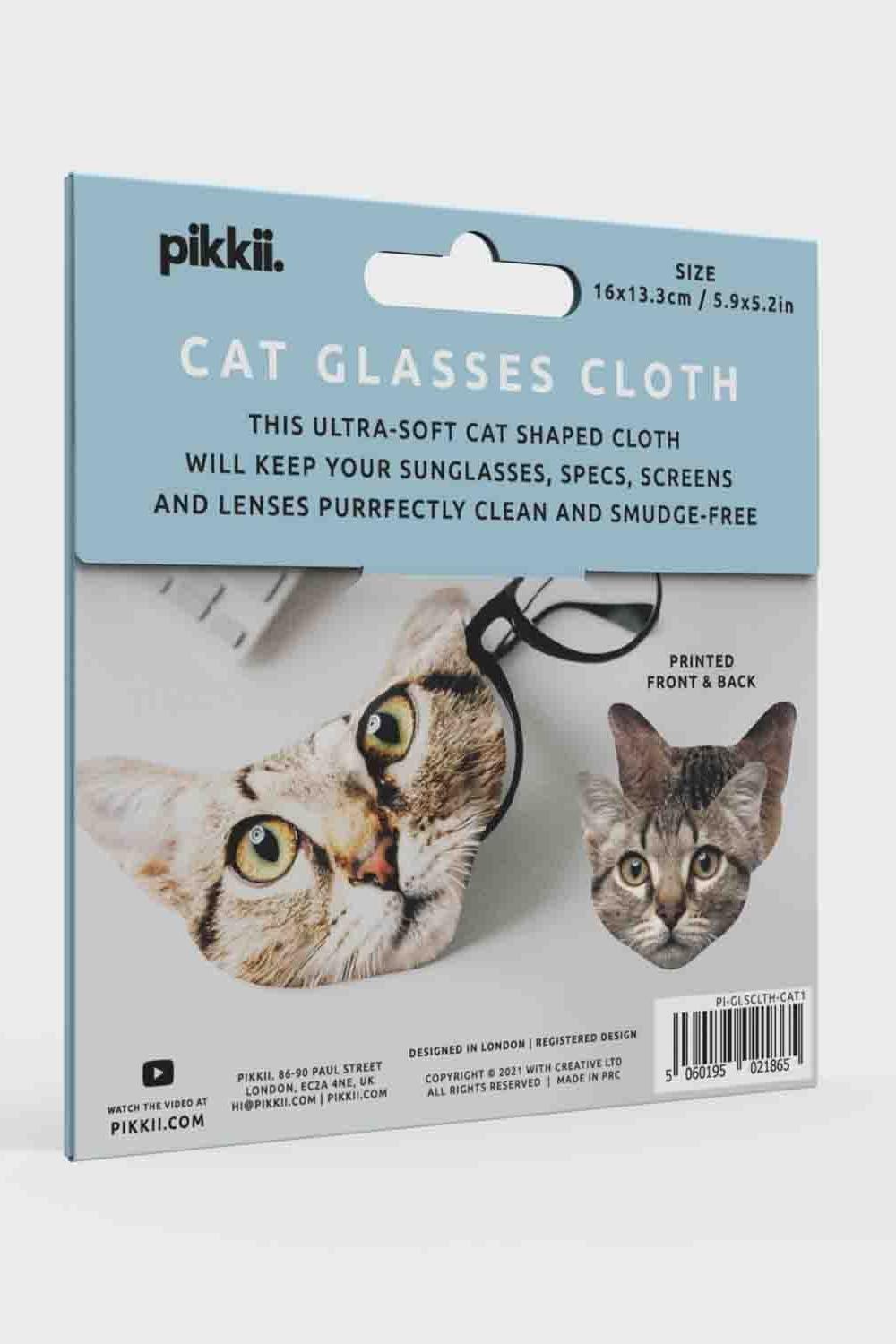 Pikkli cat glasses cloth in its retail packaging, featuring a light blue header card with product details and images of a cat wearing and wearing the reverse side of the cloth.