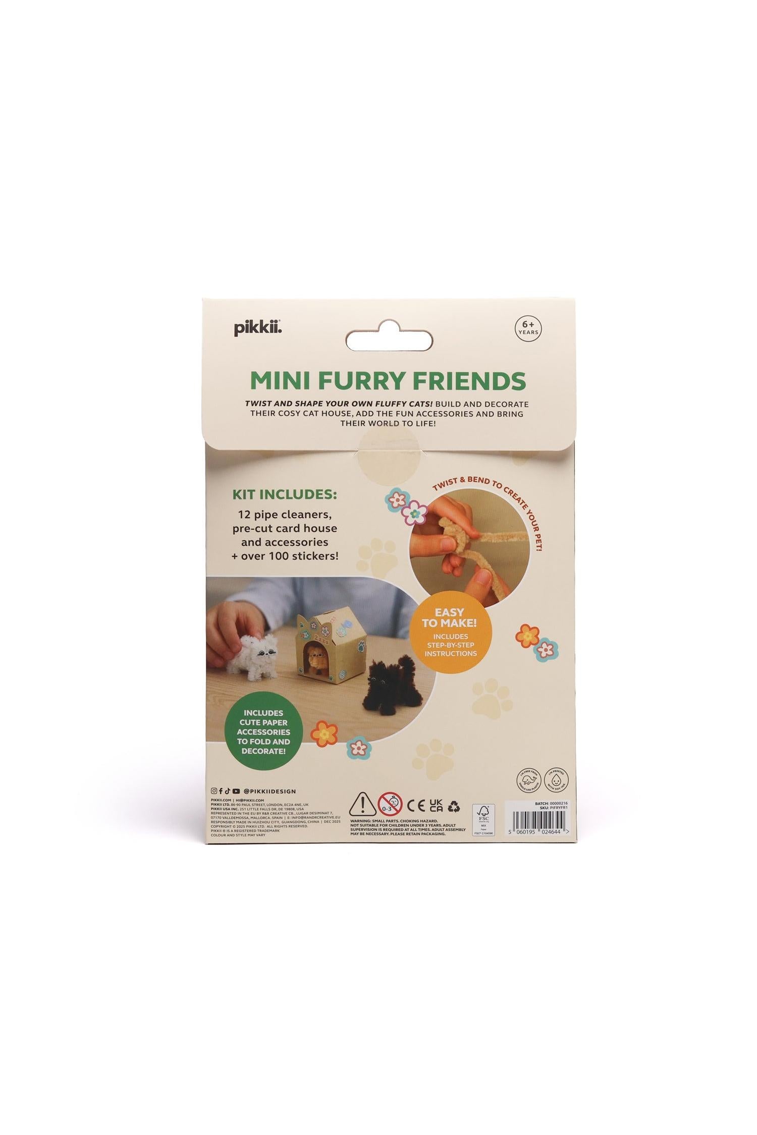 Packaging back for Pikkii Mini Furry Friends DIY craft kit with pipe cleaner cats and paper house.