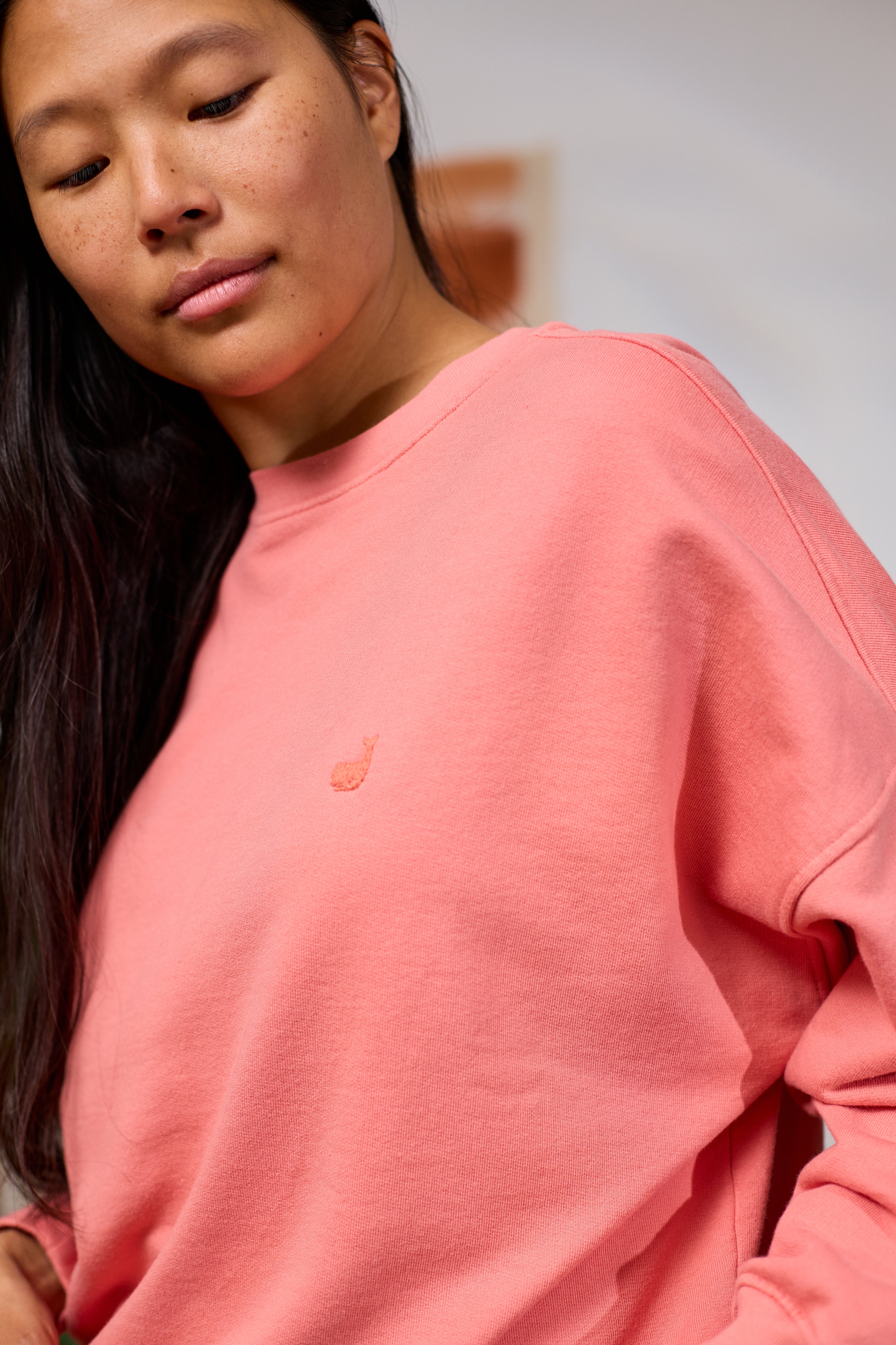 Person wearing a pink cotton sweatshirt with a small logo on a plain background