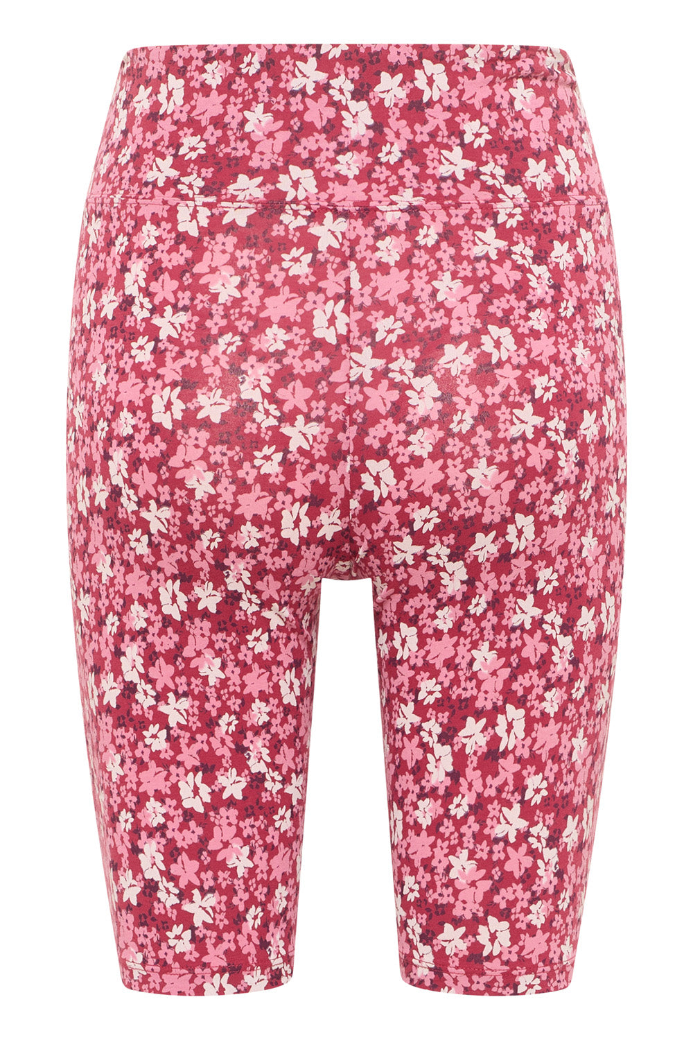 Rear view of pink floral organic cotton shorts against a plain white background.