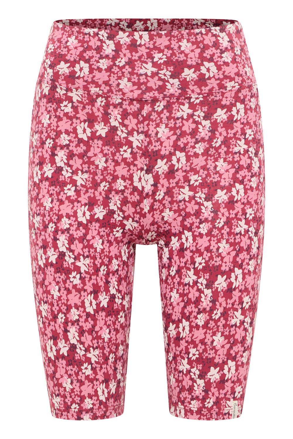 A pair of fitted organic cotton shorts featuring a vibrant pink and white floral print pattern against a plain background.