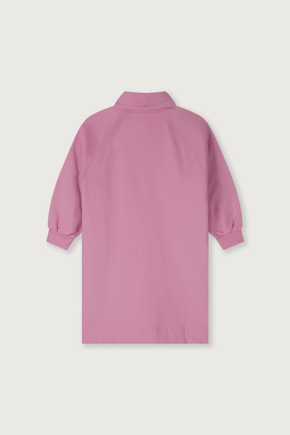 A dusty pink long-sleeve polo shirt shown from the back, featuring a simple collar and raglan sleeves, displayed against a light gray background.