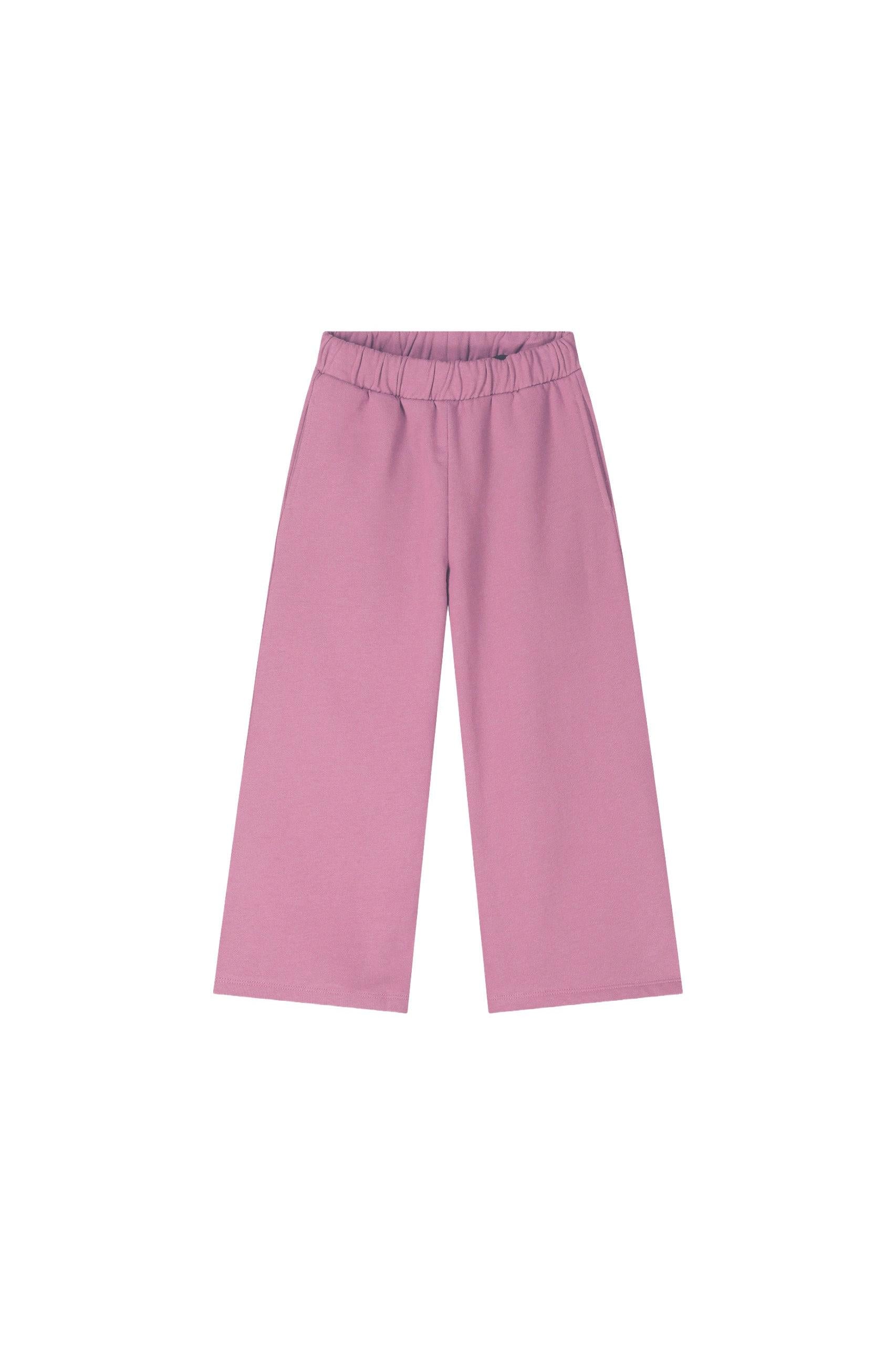 A pair of wide-leg cropped pants in a dusty pink color, featuring an elastic waistband, shown against a plain white background.